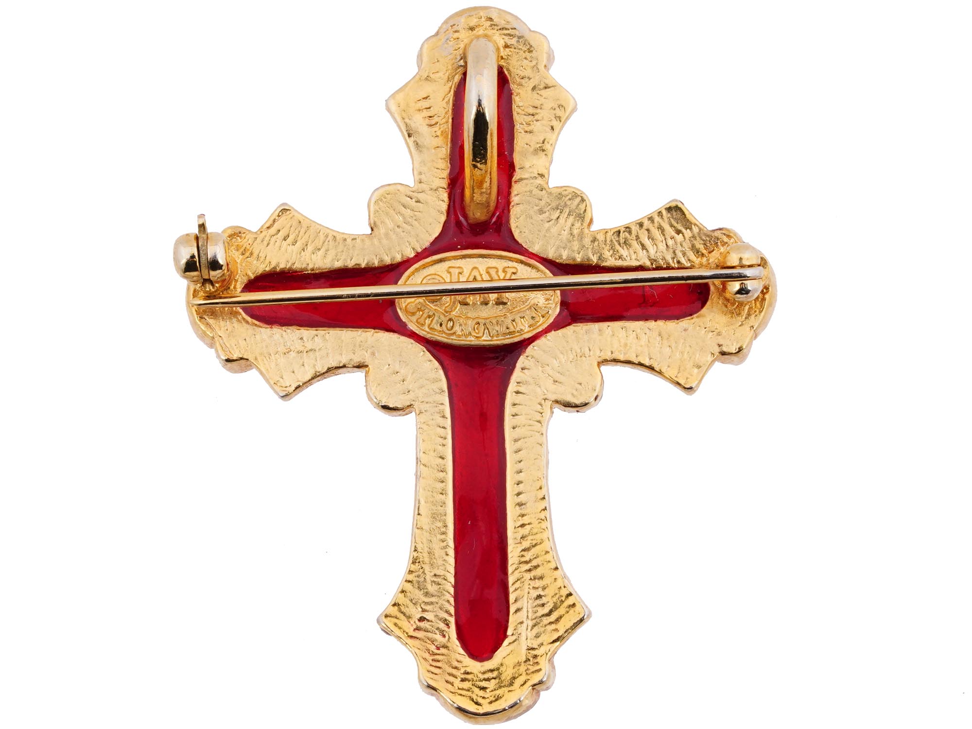 JAY STRONGWATER RED CRYSTAL CROSS BROOCH PENDANT PIC-2