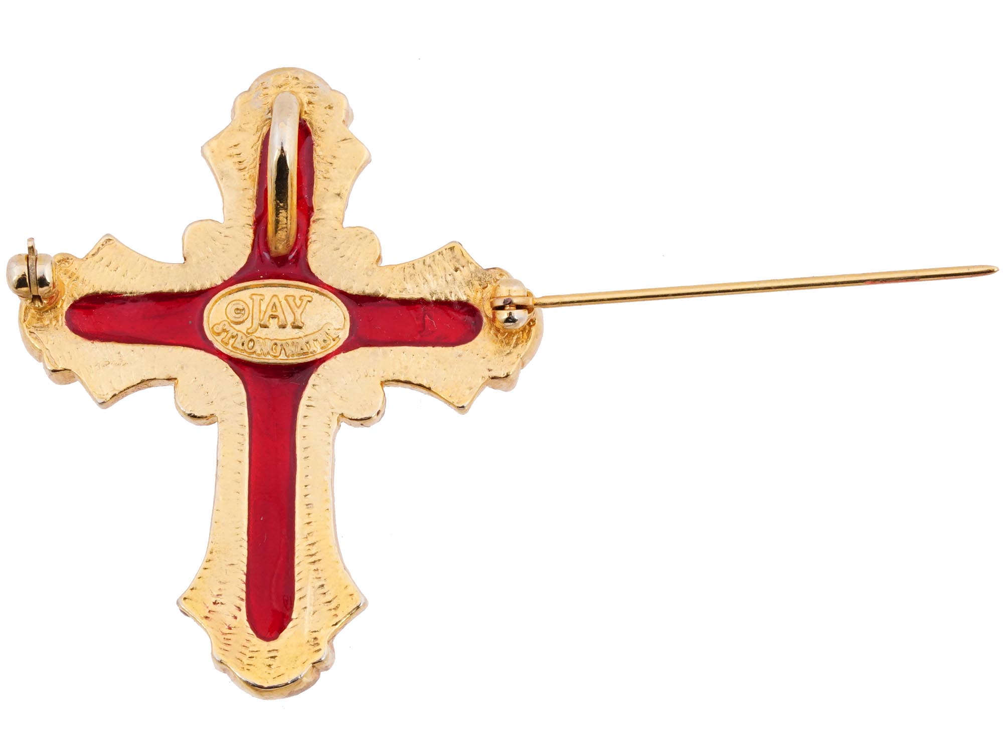 JAY STRONGWATER RED CRYSTAL CROSS BROOCH PENDANT PIC-3