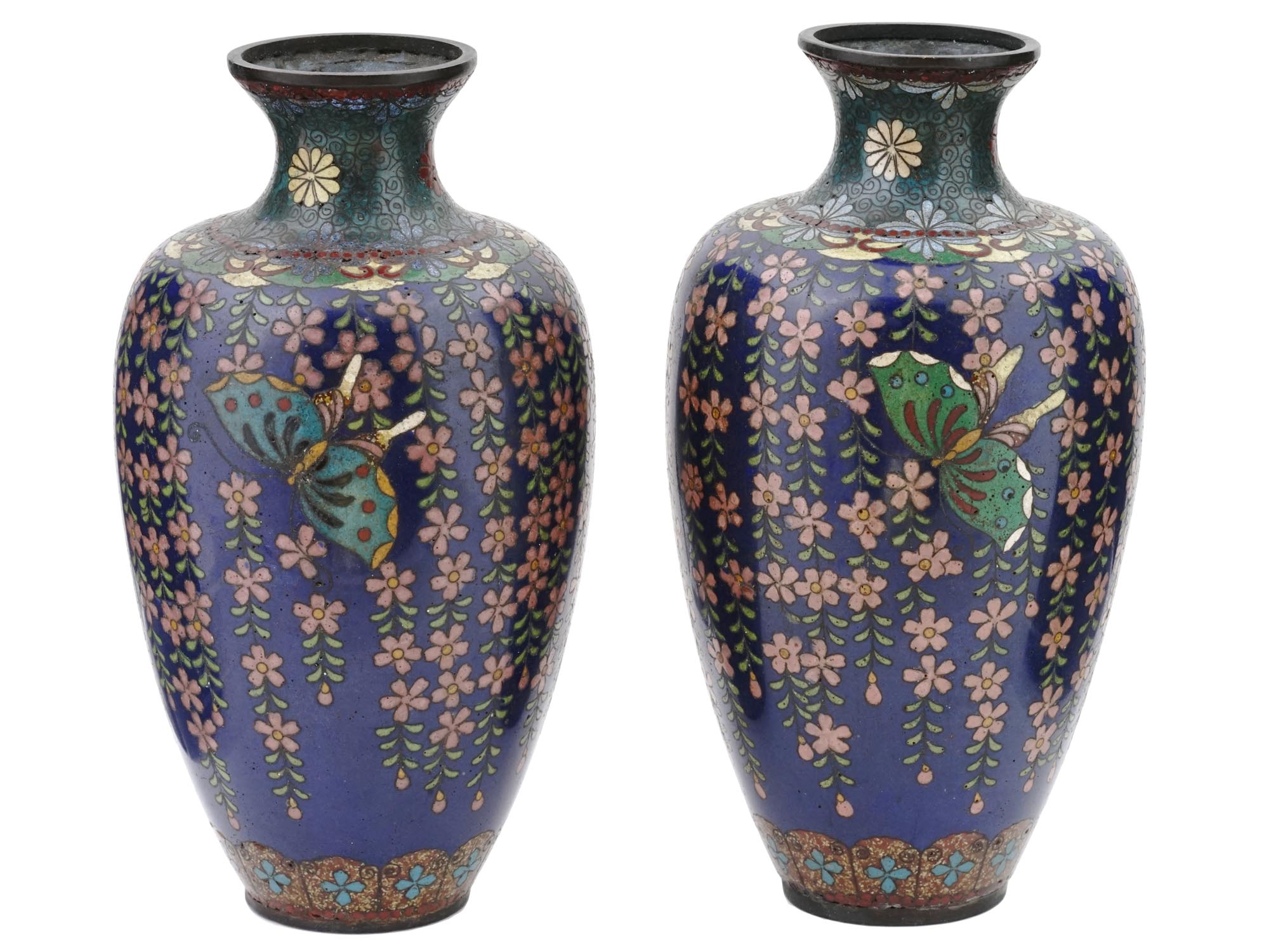 JAPANESE FLORAL CLOISONNE ENAMEL GOLDSTONE VASES PIC-1