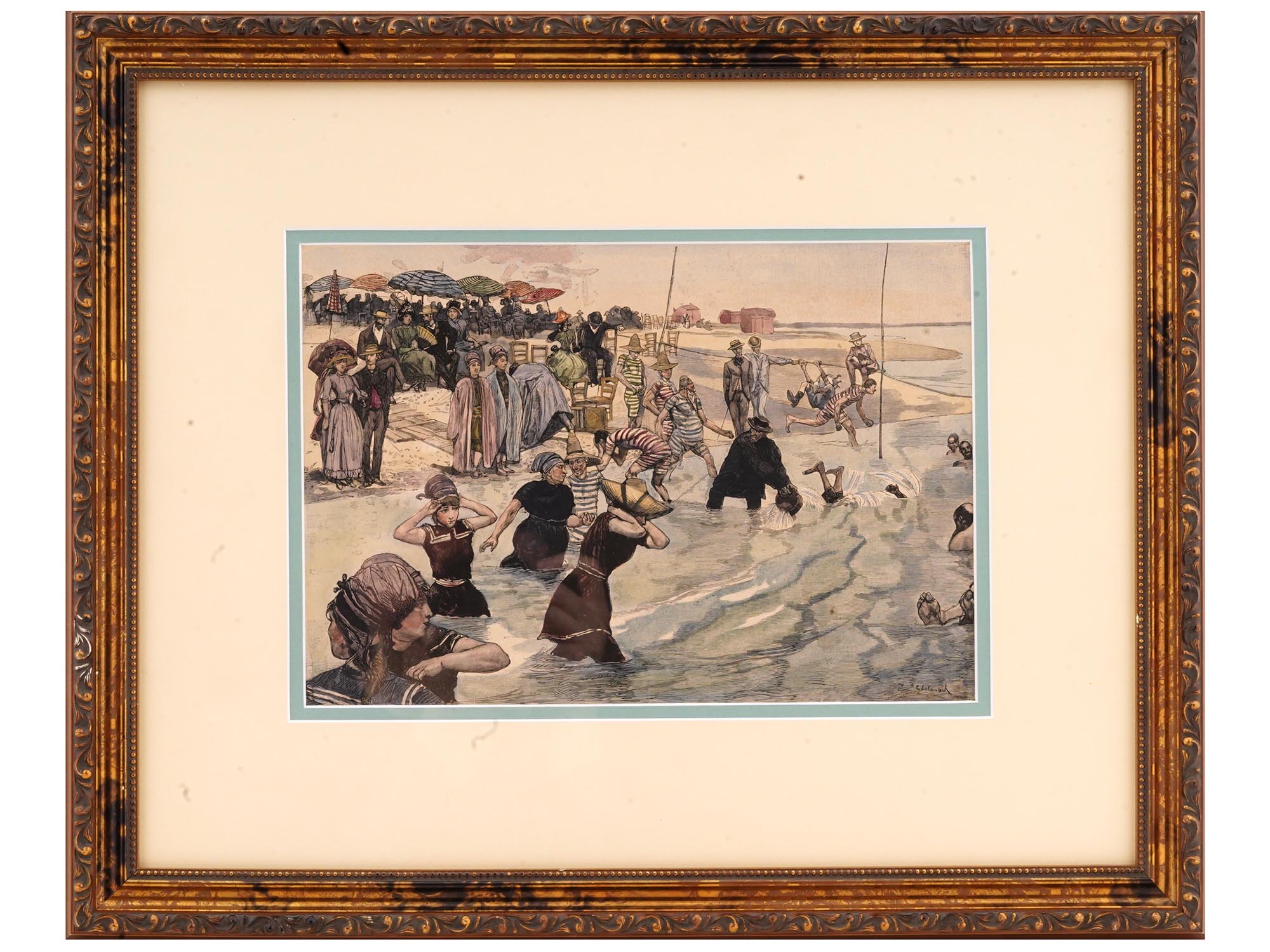 VICTORIAN ERA BATHING SCENE COLOR LINOCUT SIGNED PIC-0