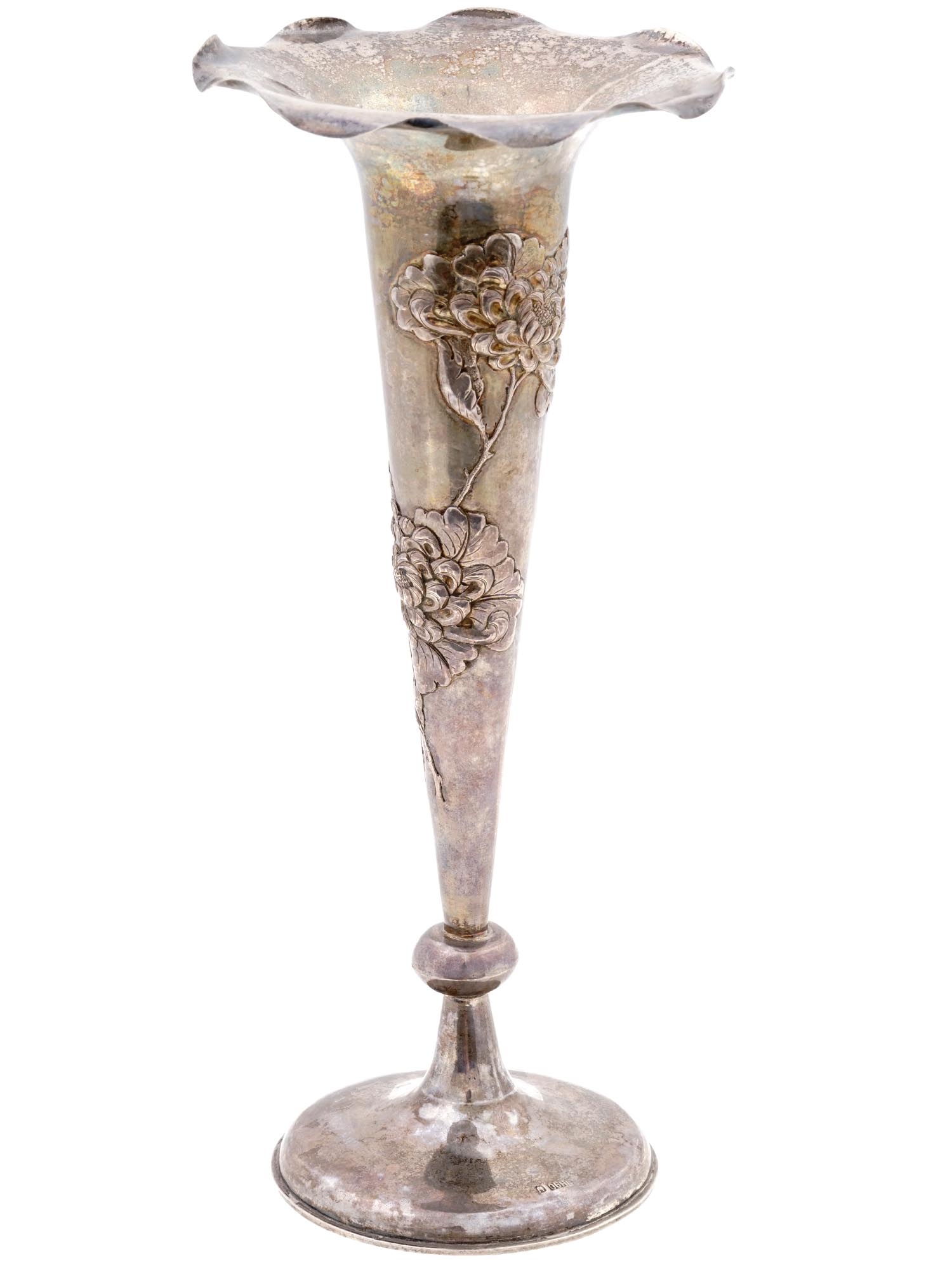 ANTIQUE SILVER CHRYSANTHEMUMS TRUMPET VASE PIC-0