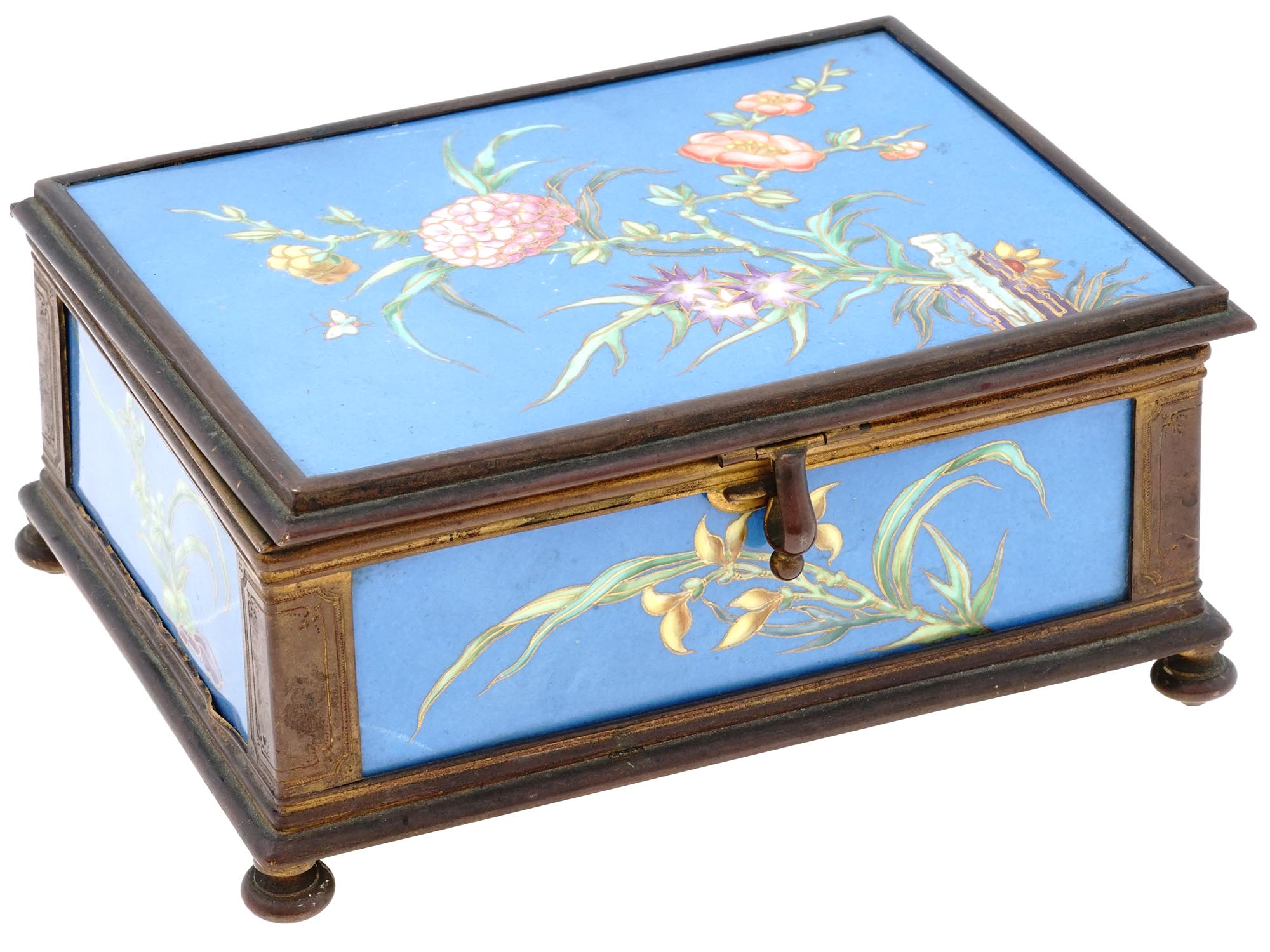 ANTIQUE MEIJI JAPAN CLOISONNE BOX BLUE BACKGROUND PIC-0