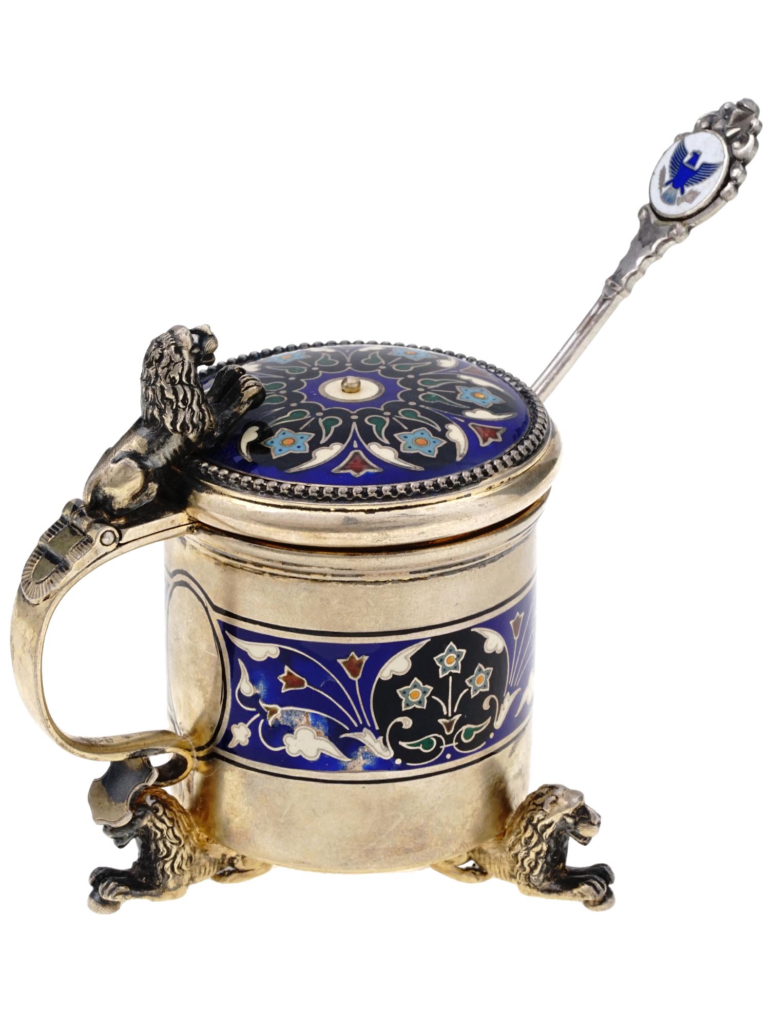 AMERICAN SILVER AND ENAMEL MUSTARD CUP WITH SPOON PIC-0