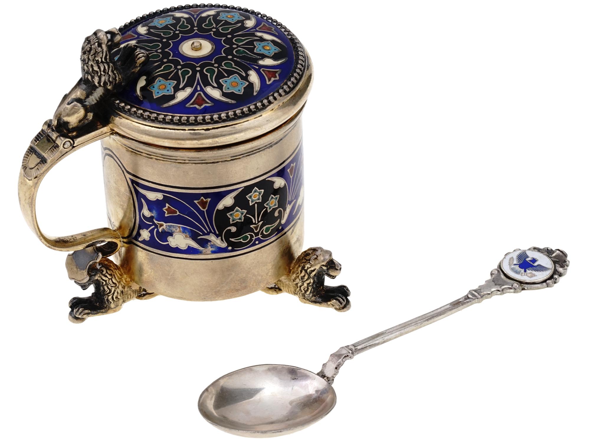 AMERICAN SILVER AND ENAMEL MUSTARD CUP WITH SPOON PIC-1