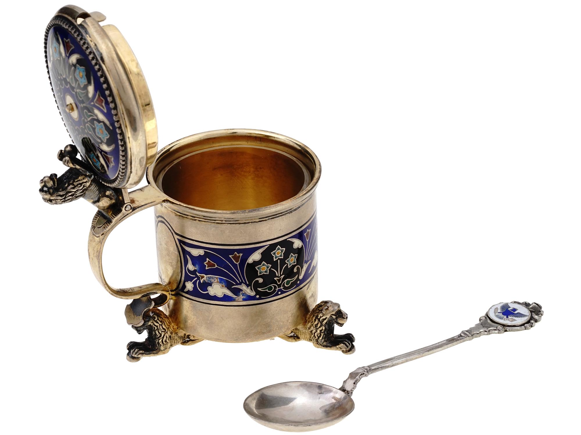 AMERICAN SILVER AND ENAMEL MUSTARD CUP WITH SPOON PIC-2