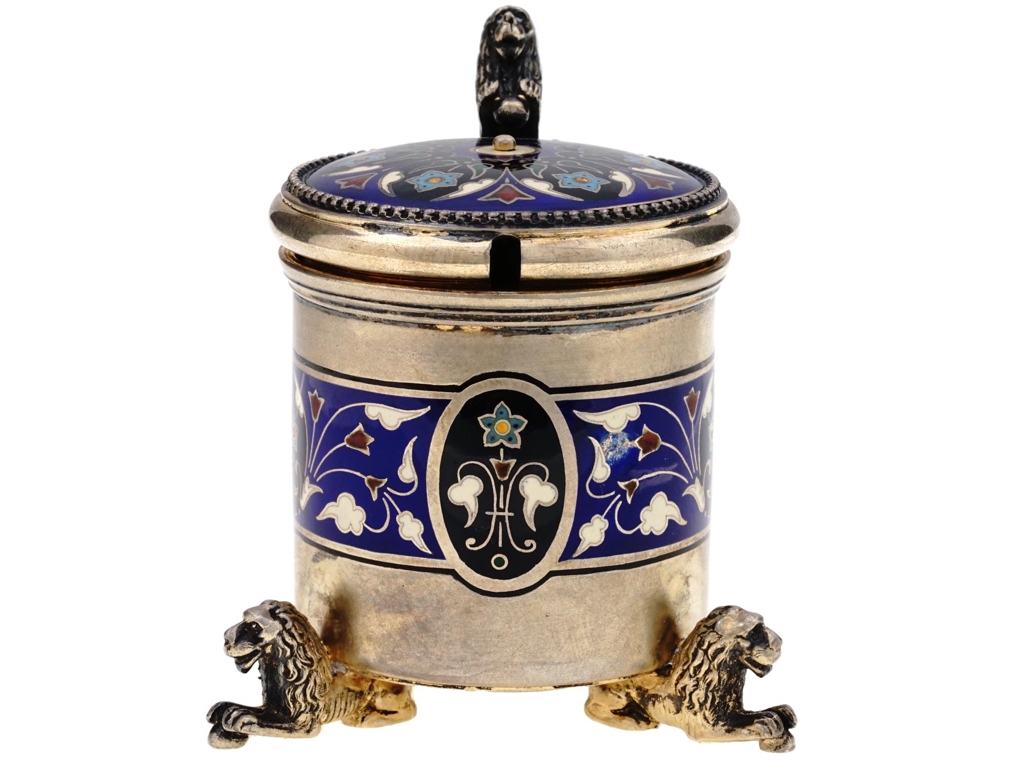 AMERICAN SILVER AND ENAMEL MUSTARD CUP WITH SPOON PIC-6