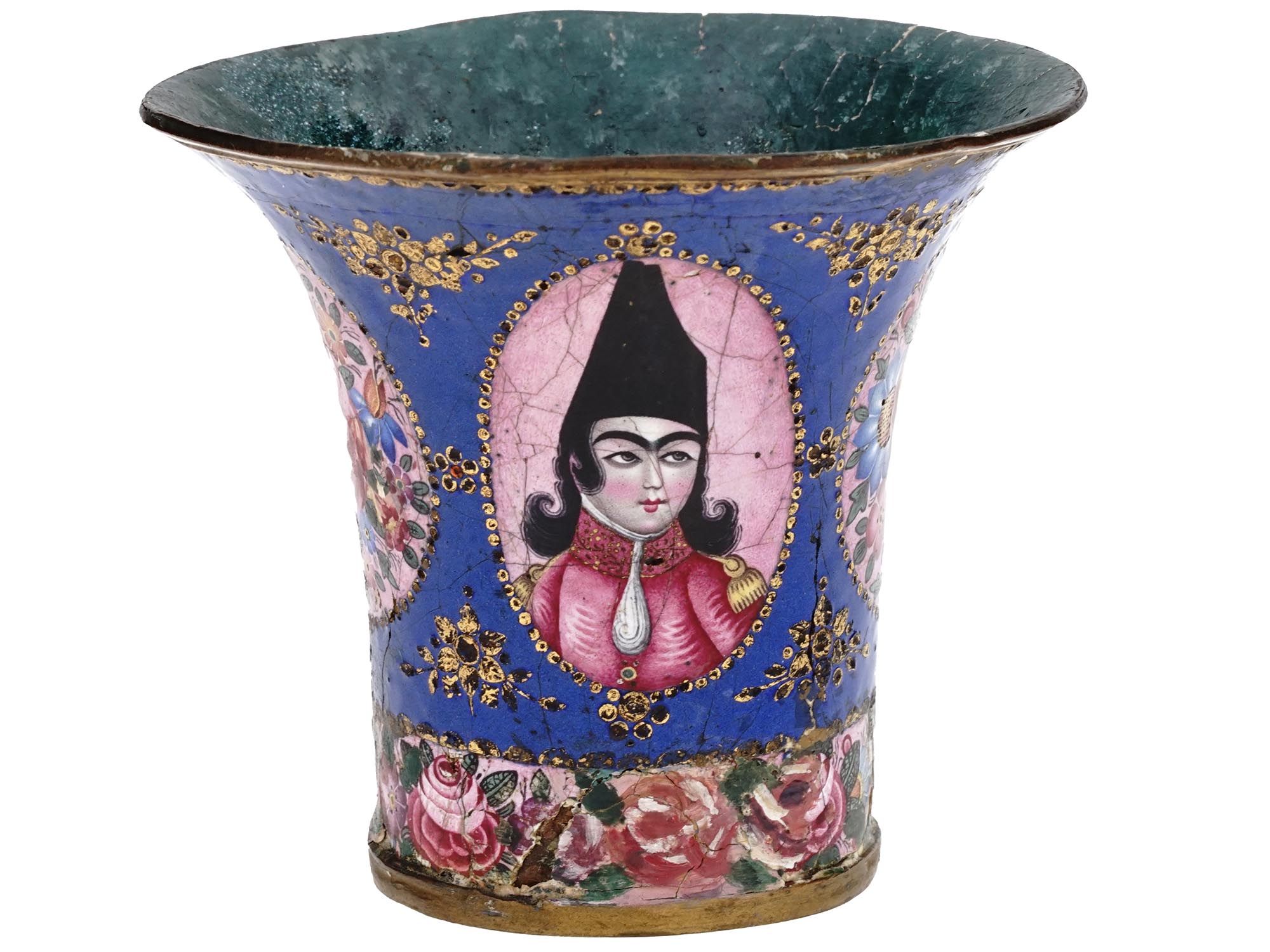 PERSIAN QAJAR PAINTED ENAMEL ON COPPER QALYAN CUP PIC-0