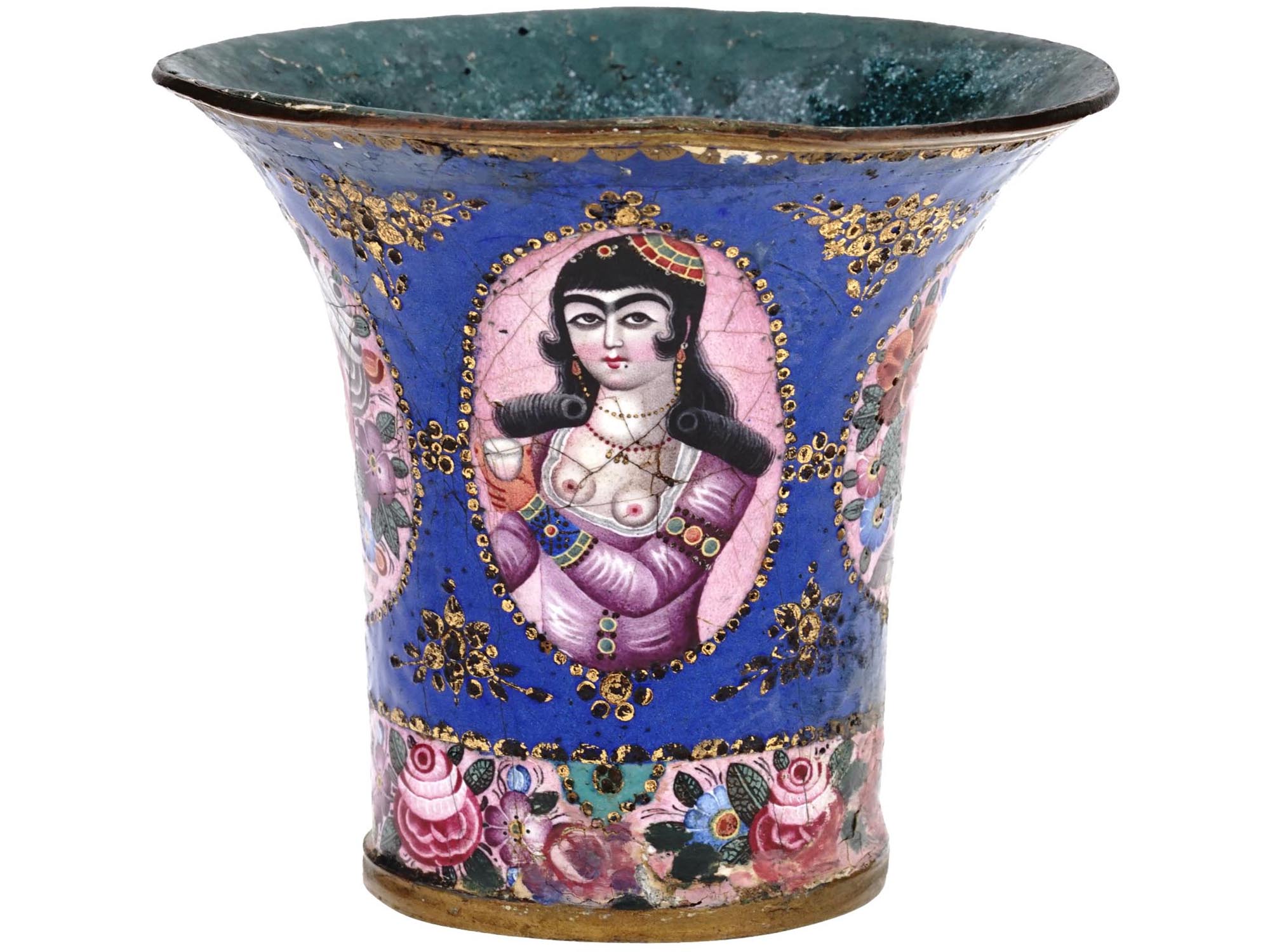 PERSIAN QAJAR PAINTED ENAMEL ON COPPER QALYAN CUP PIC-2