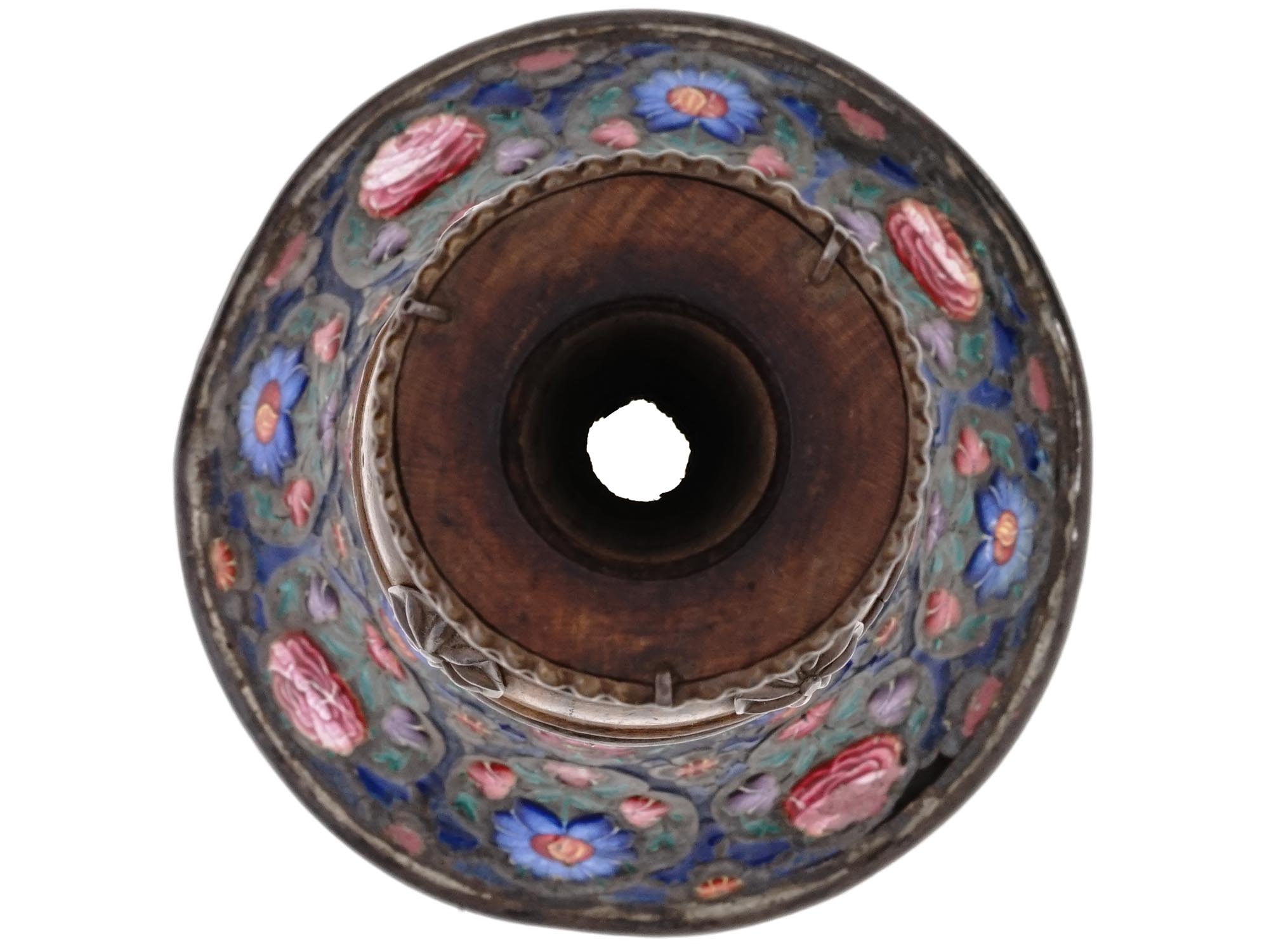 PERSIAN QAJAR SILVER ENAMEL AND WOOD QALYAN BOWL PIC-3