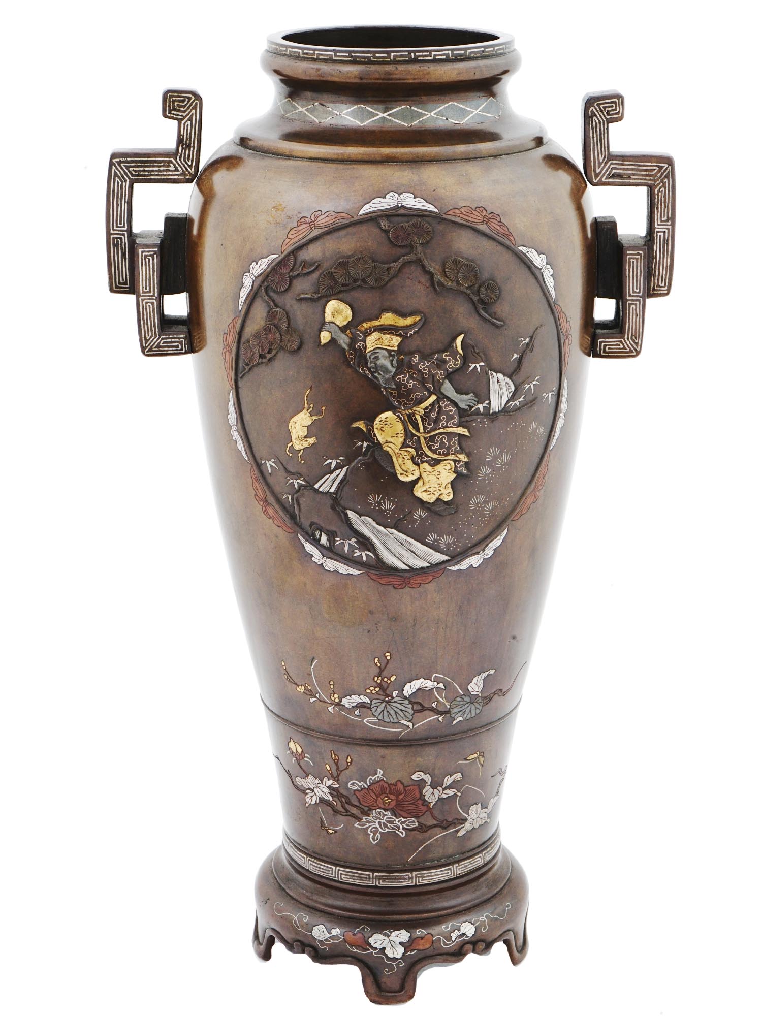 JAPANESE MEIJI BRONZE VASES WITH SILVER INLAY PIC-8