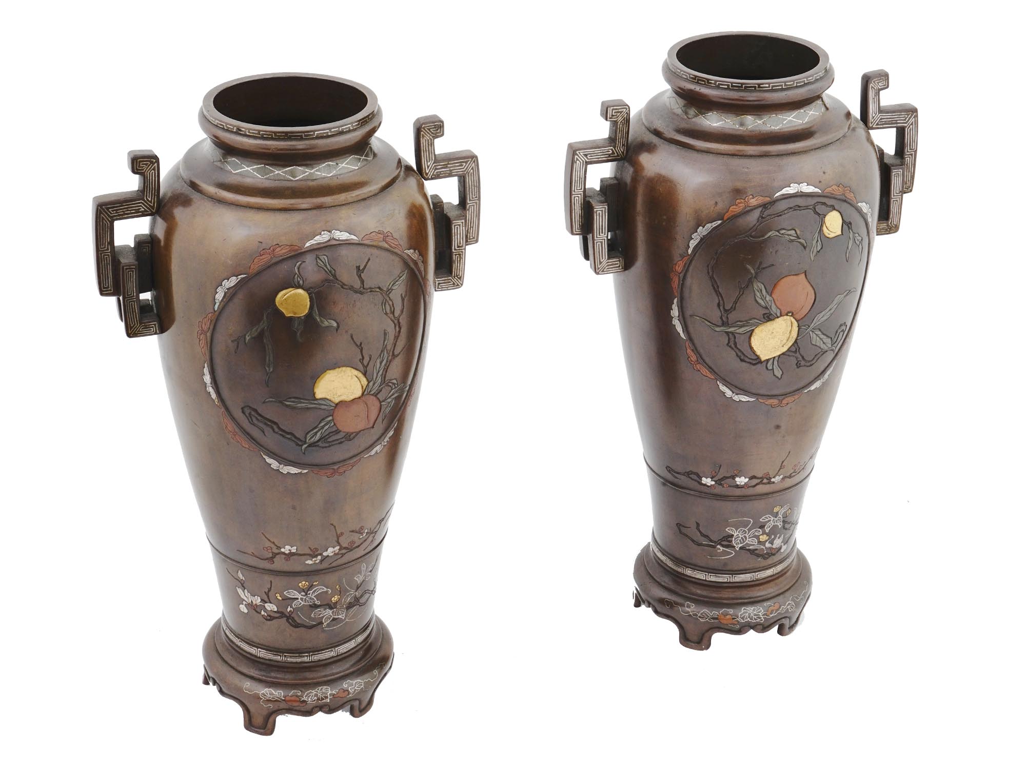 JAPANESE MEIJI BRONZE VASES WITH SILVER INLAY PIC-0