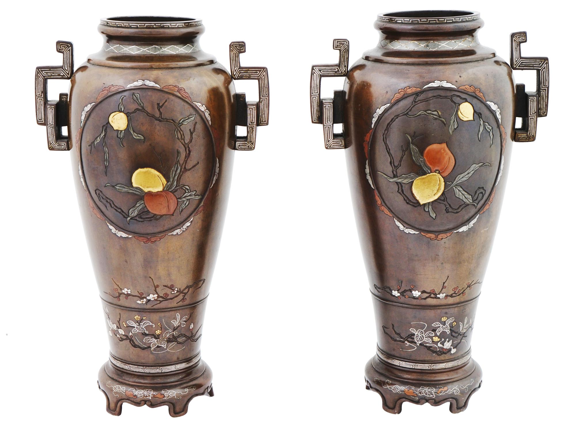 JAPANESE MEIJI BRONZE VASES WITH SILVER INLAY PIC-2