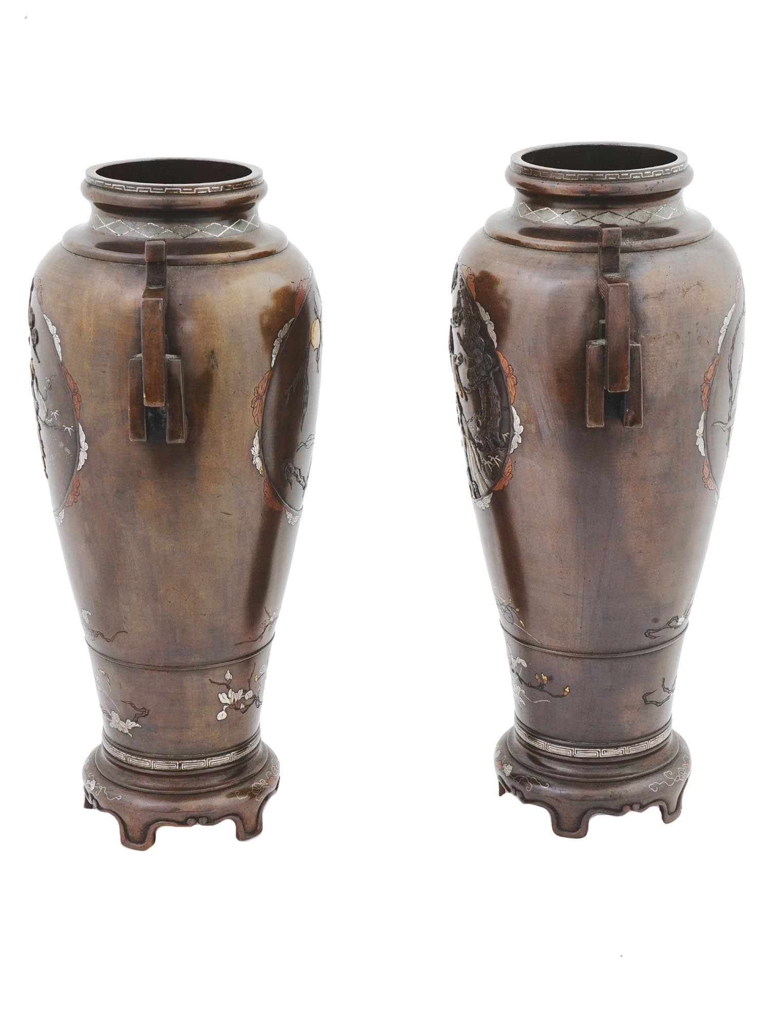 JAPANESE MEIJI BRONZE VASES WITH SILVER INLAY PIC-3