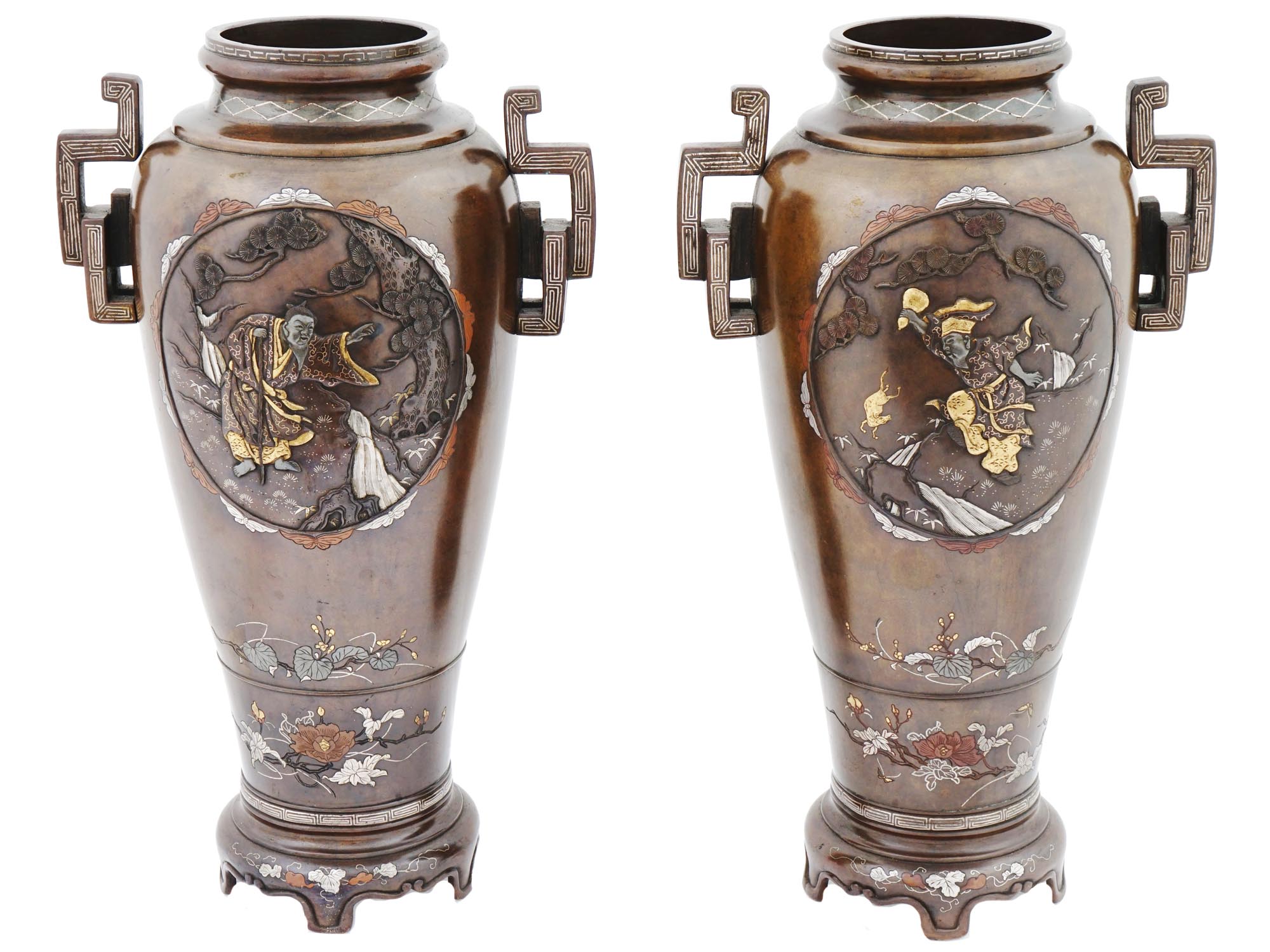 JAPANESE MEIJI BRONZE VASES WITH SILVER INLAY PIC-4