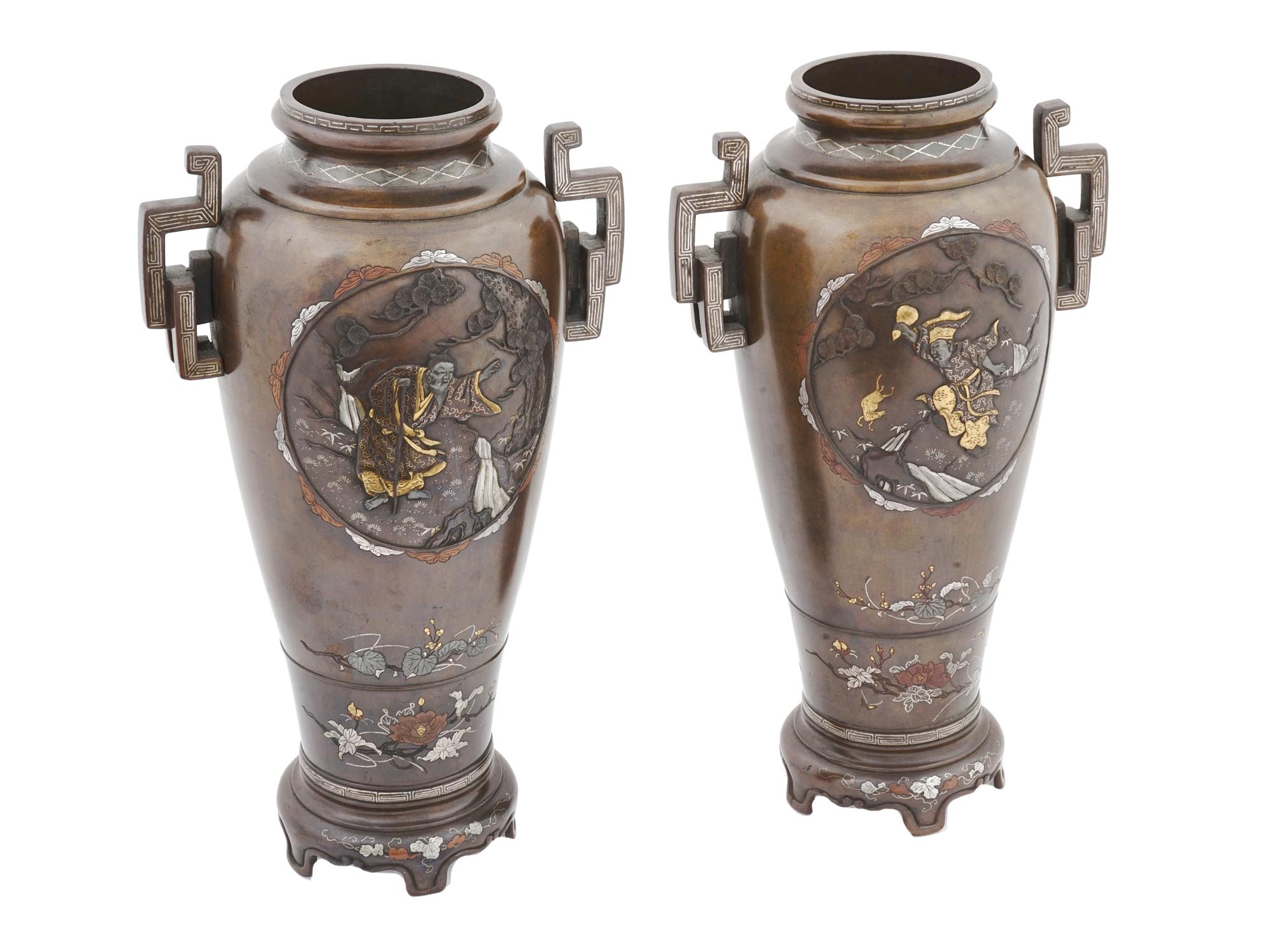 JAPANESE MEIJI BRONZE VASES WITH SILVER INLAY PIC-1