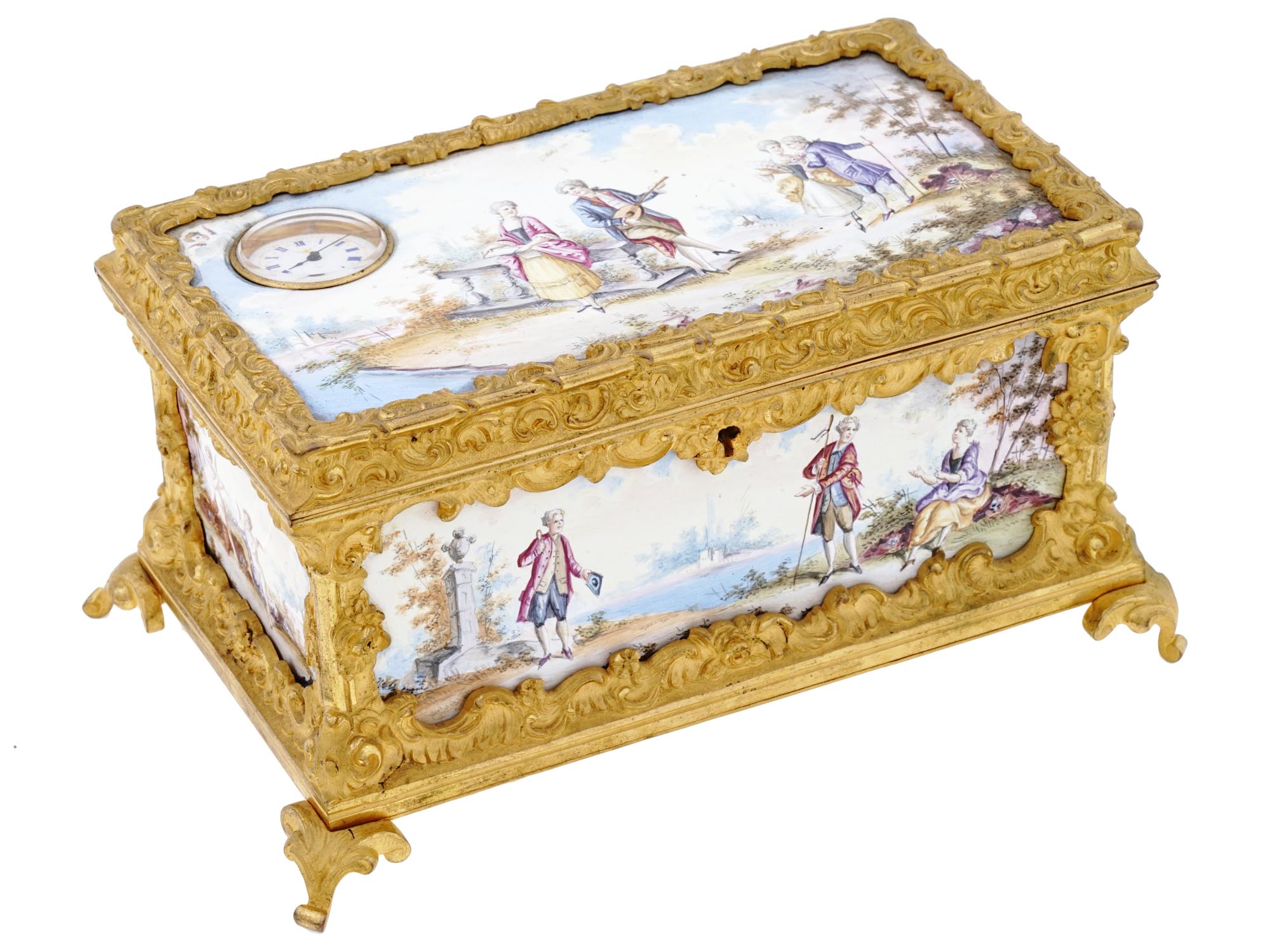 ANTIQUE AUSTRIAN GILT BRONZE ENAMEL CLOCK CASKET PIC-0