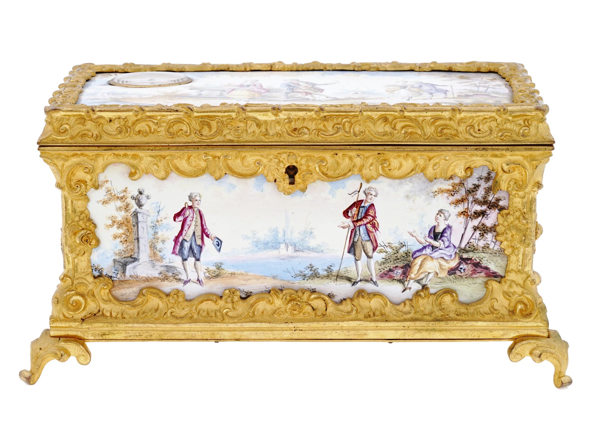 ANTIQUE AUSTRIAN GILT BRONZE ENAMEL CLOCK CASKET PIC-2