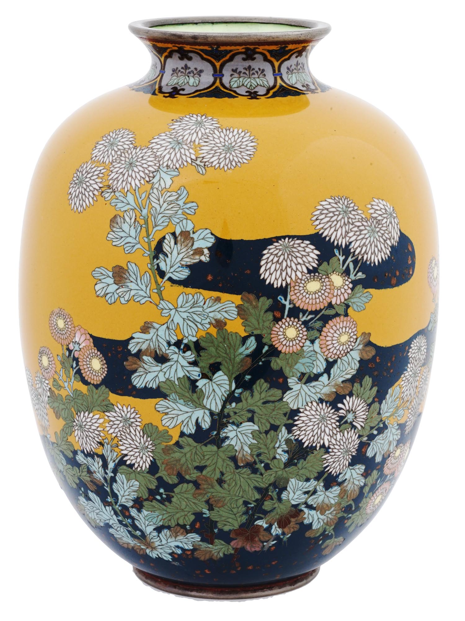 LARGE JAPANESE MEIJI YELLOW CLOISONNE ENAMEL VASE PIC-0