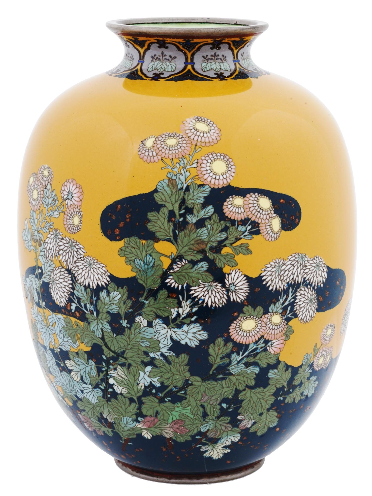 LARGE JAPANESE MEIJI YELLOW CLOISONNE ENAMEL VASE PIC-2