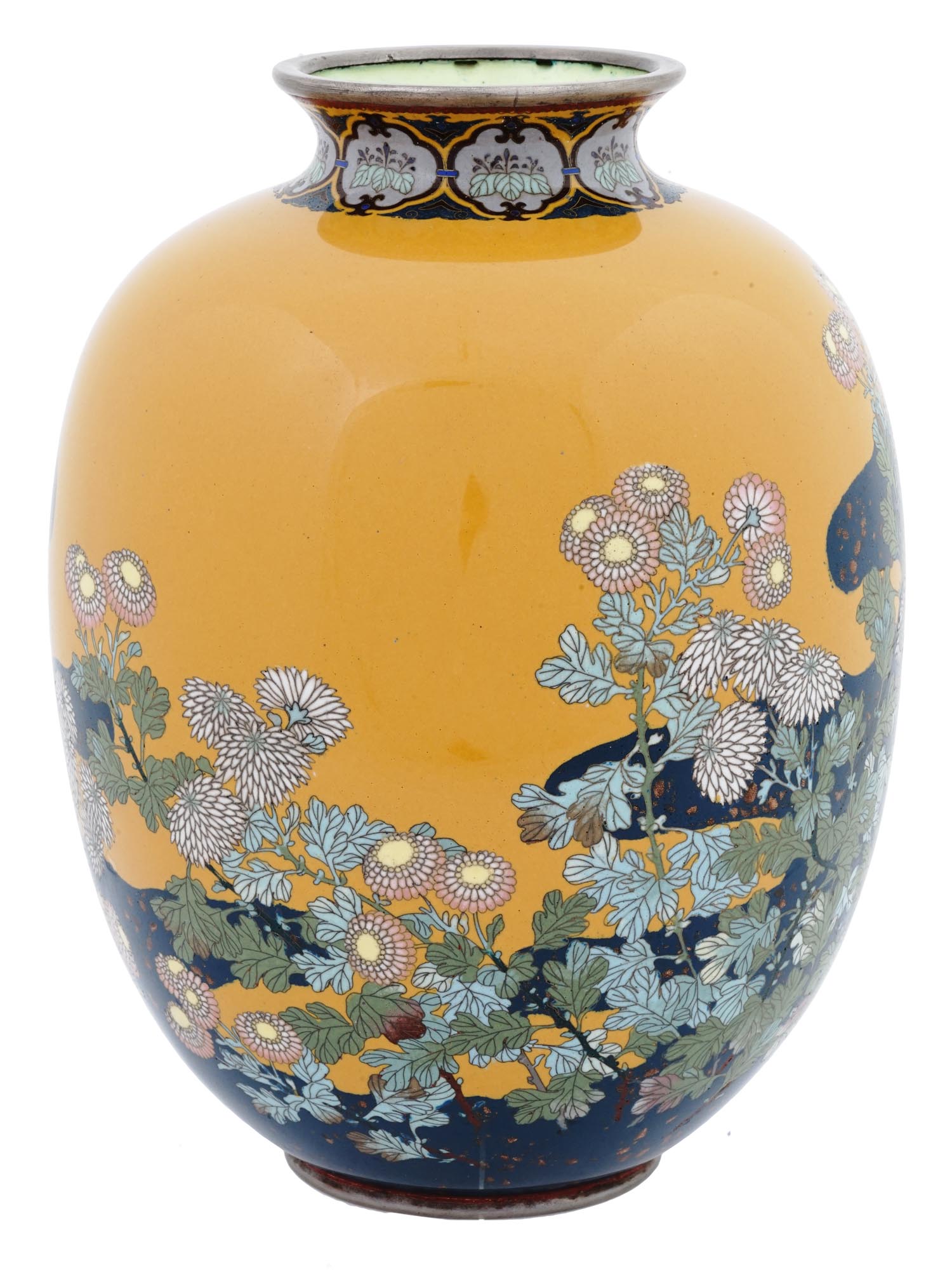 LARGE JAPANESE MEIJI YELLOW CLOISONNE ENAMEL VASE PIC-1