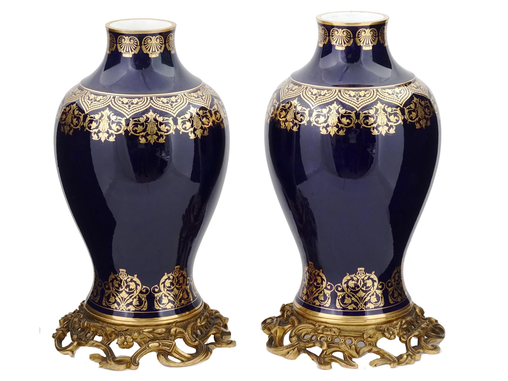 ANTIQUE SEVRES PORCELAIN VASES ON BRONZE STANDS PIC-0