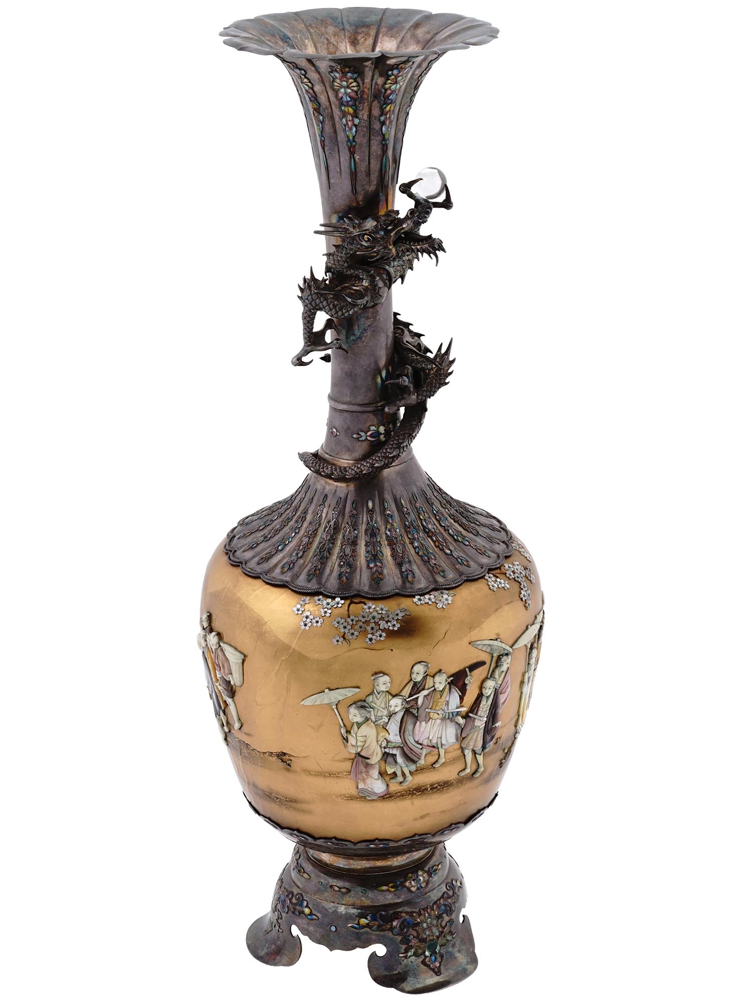 ANTIQUE MEIJI JAPANESE SILVER VASE WITH DRAGON PIC-0