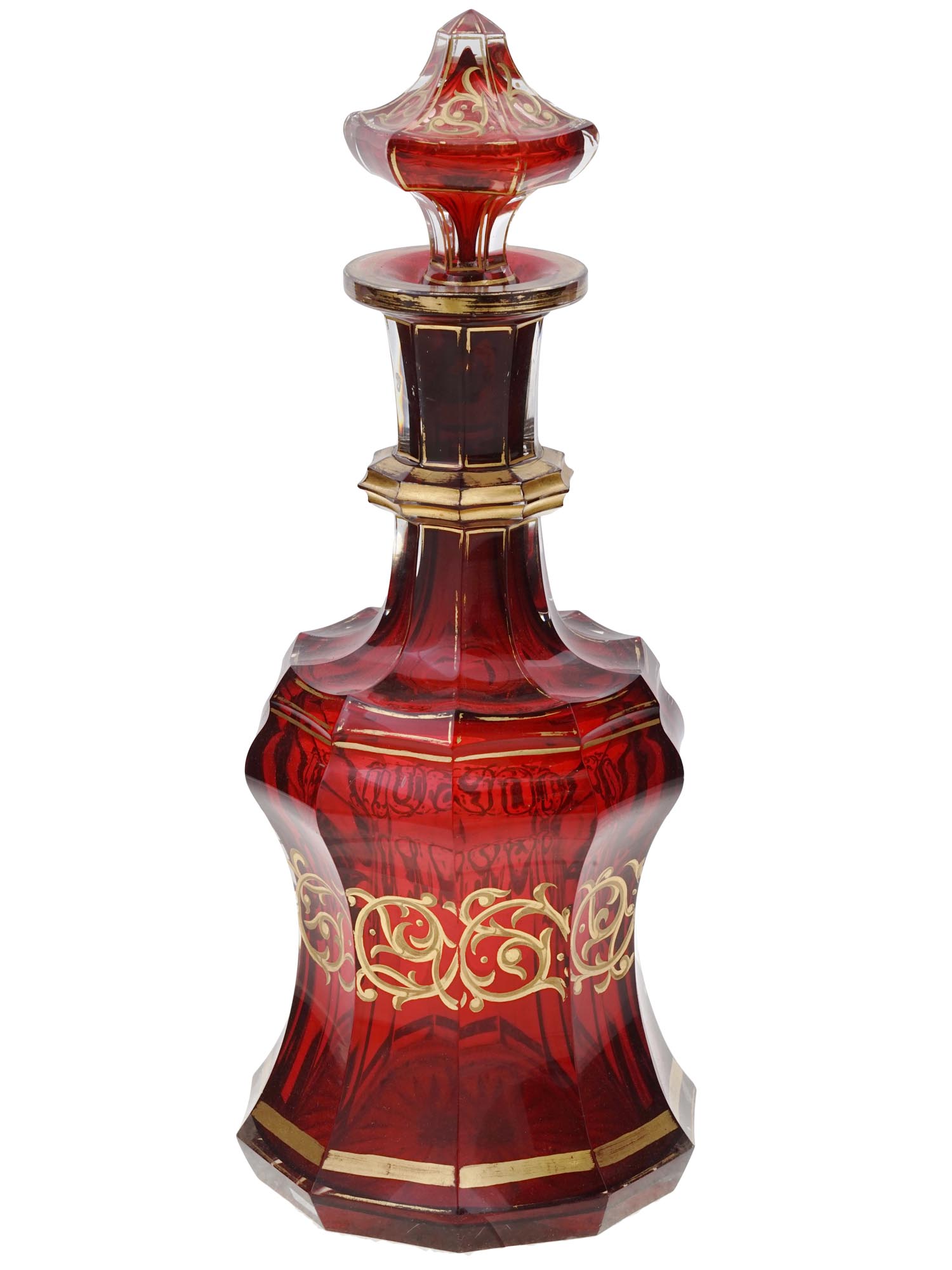 ANTIQUE BOHEMIAN GILT RUBY RED GLASS DECANTER PIC-