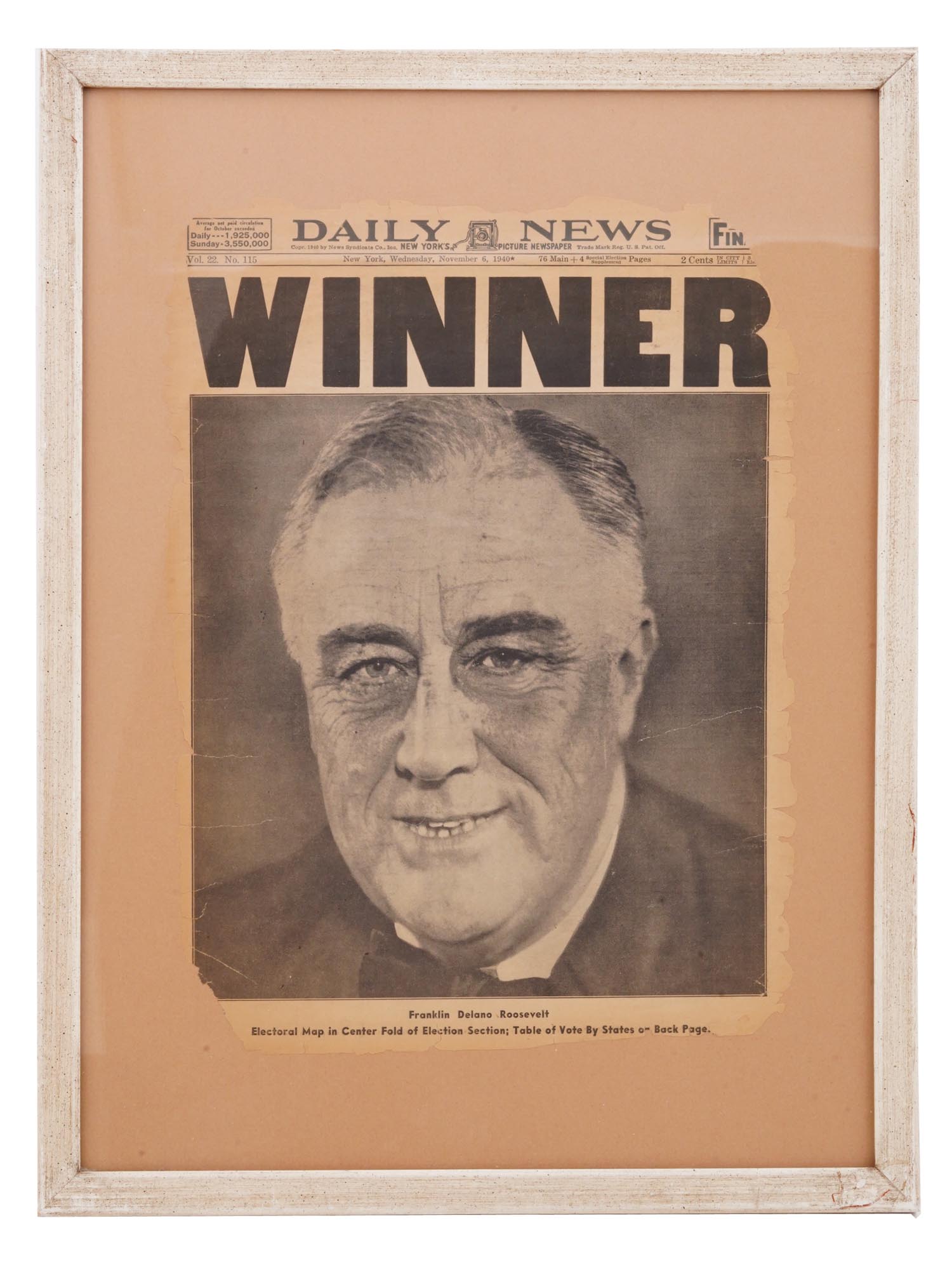 1940 FRANKLIN D. ROOSEVELT PRESIDENTIAL ELECTION FRONT PAGE PIC-0