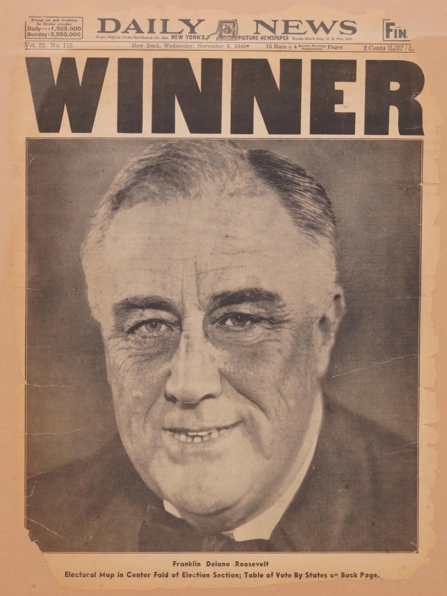 1940 FRANKLIN D. ROOSEVELT PRESIDENTIAL ELECTION FRONT PAGE PIC-1