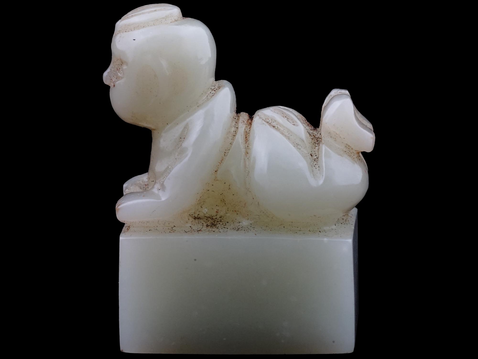 ANTIQUE CHINESE BABY HAND CARVED WHITE JADE SEAL PIC-3