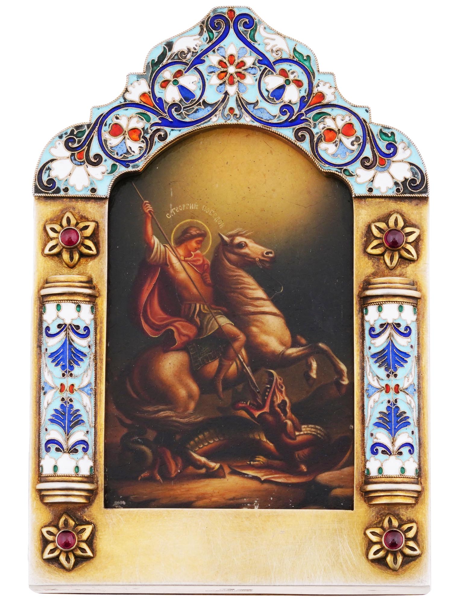 RUSSIAN 84 GILT SILVER ENAMEL ICON OF SAINT GEORGE PIC-0