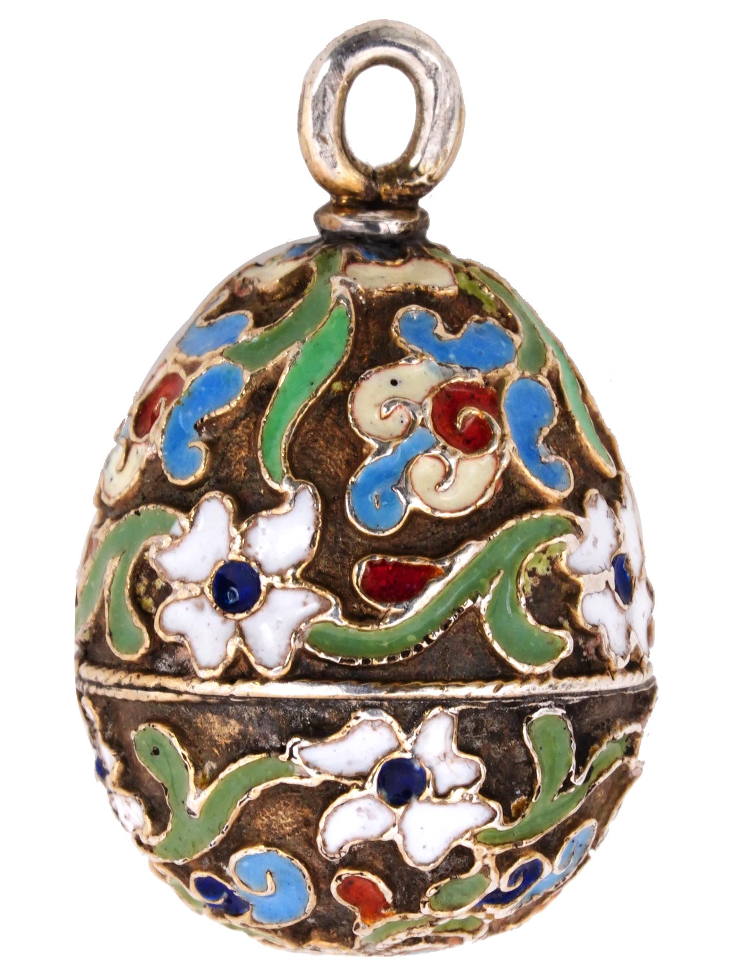 RUSSIAN GILT SILVER CLOISONNE ENAMEL EGG PENDANT PIC-1