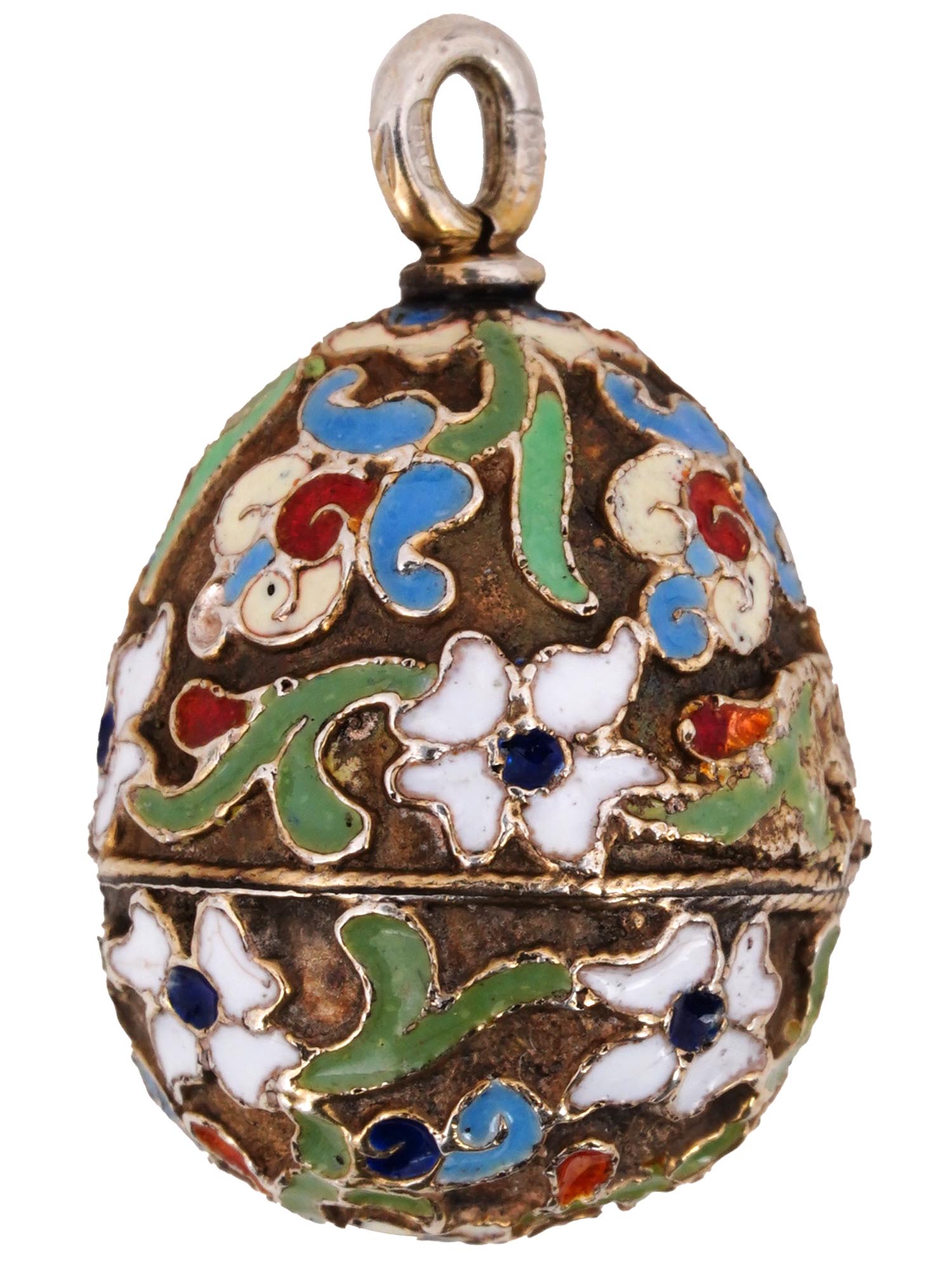 RUSSIAN GILT SILVER CLOISONNE ENAMEL EGG PENDANT PIC-0