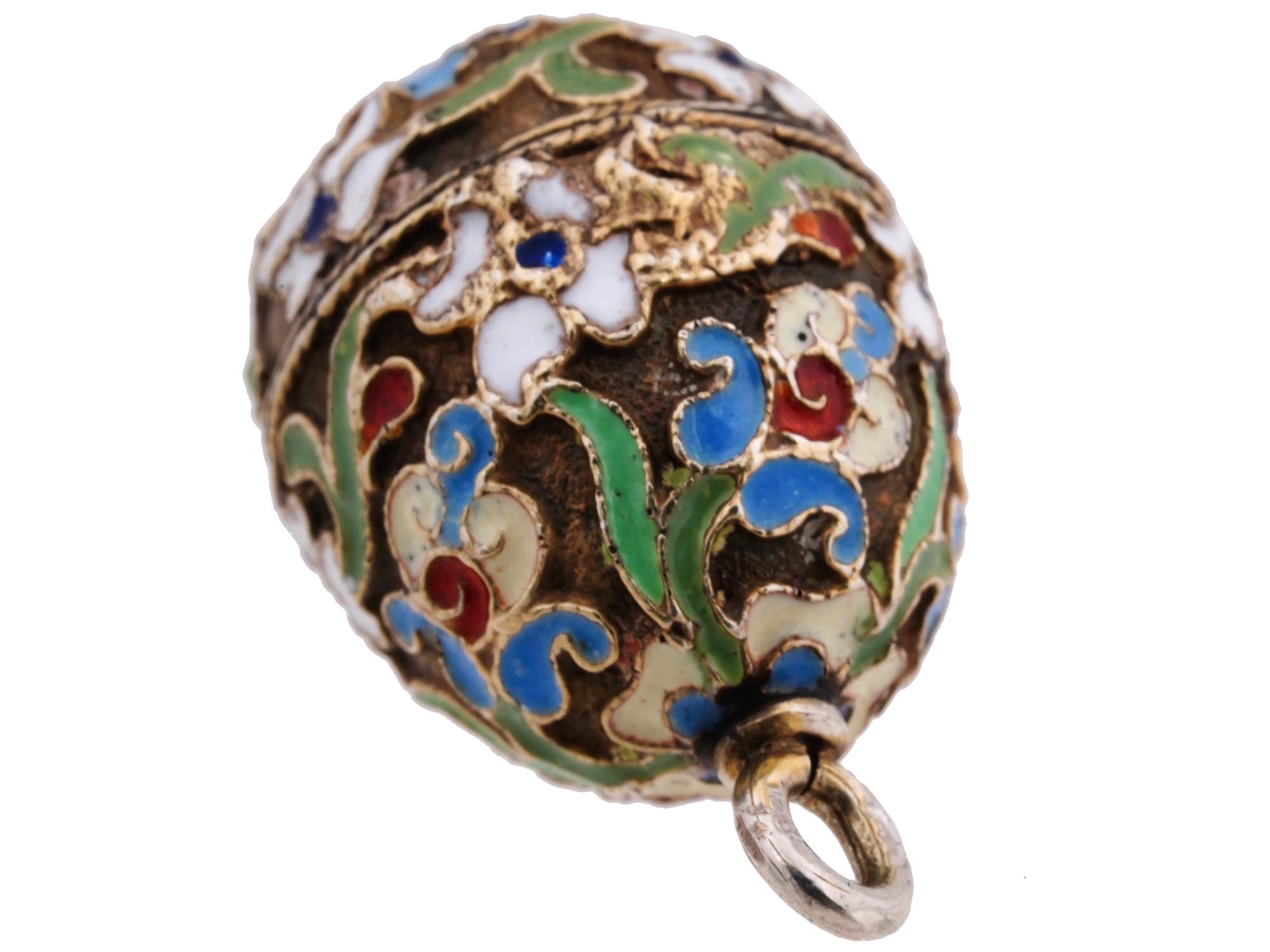 RUSSIAN GILT SILVER CLOISONNE ENAMEL EGG PENDANT PIC-3