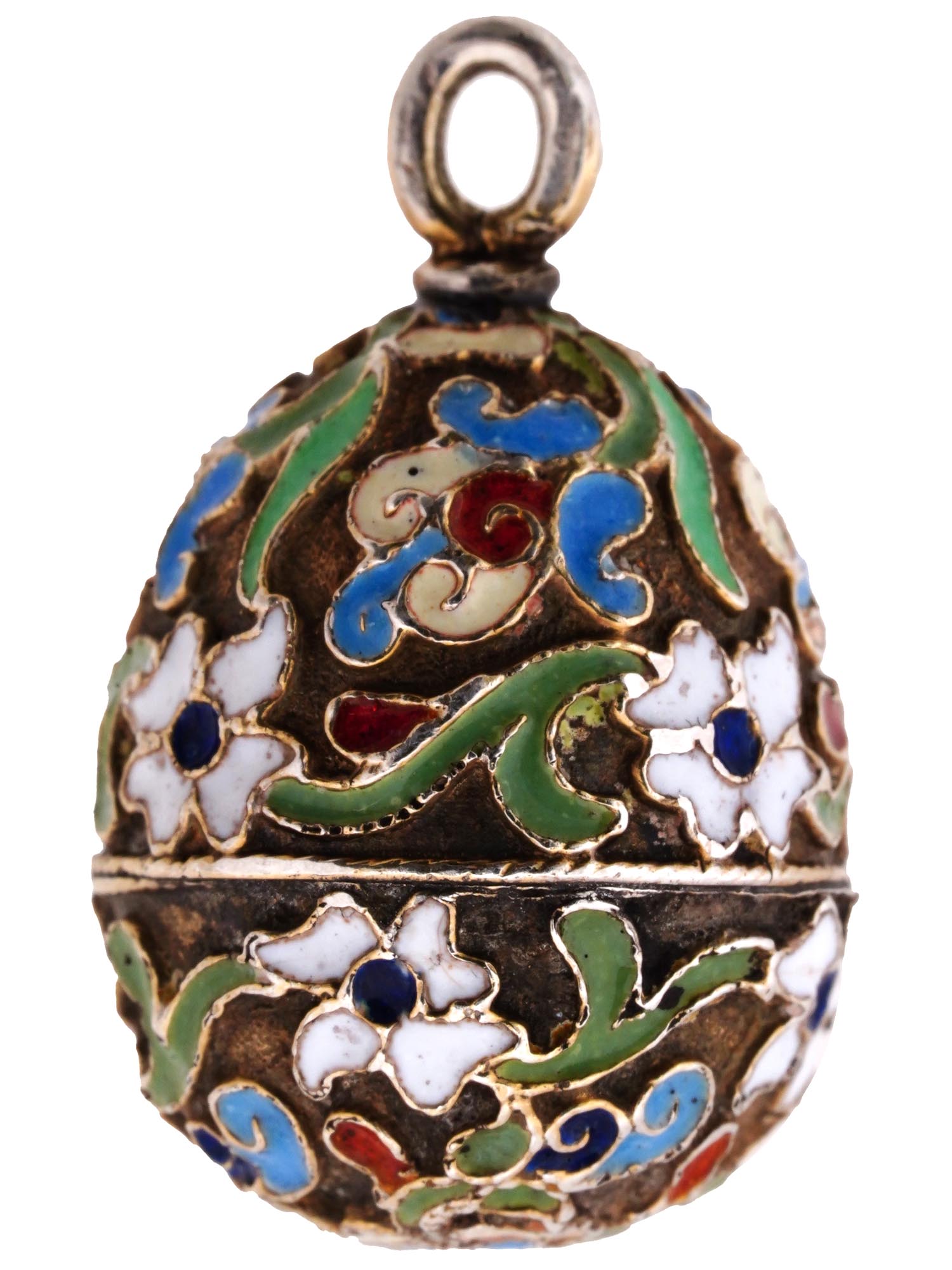 RUSSIAN GILT SILVER CLOISONNE ENAMEL EGG PENDANT PIC-2