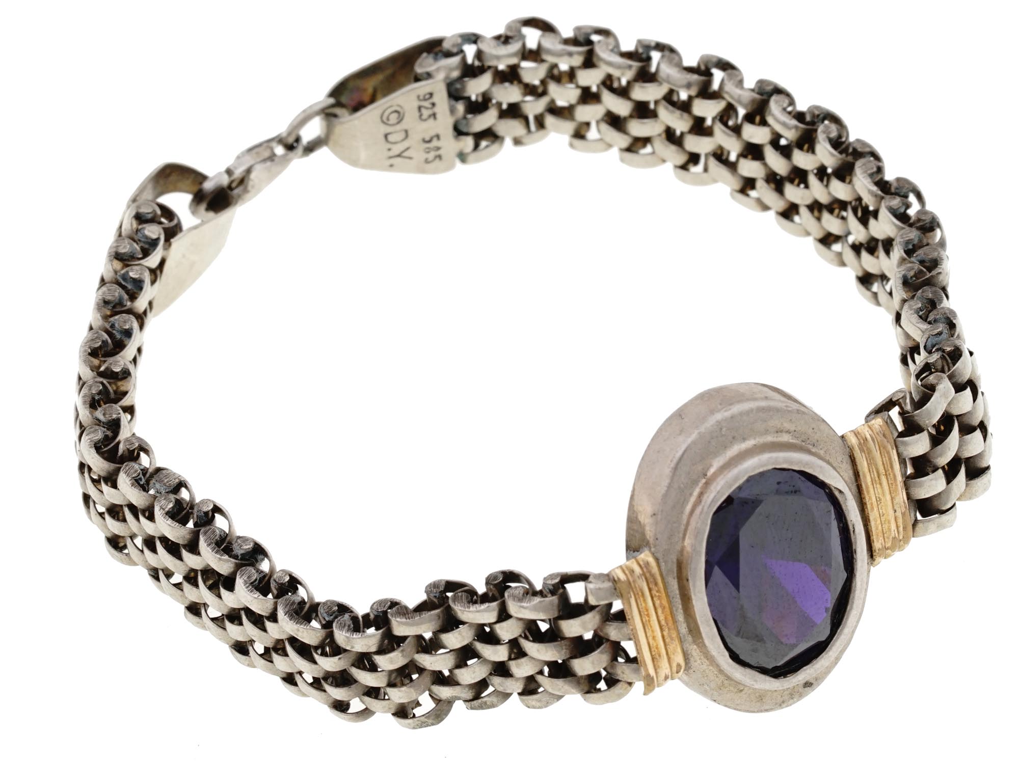 DAVID YURMAN 14K GOLD SILVER AMETHYST MESH CHAIN BRACELET PIC-0