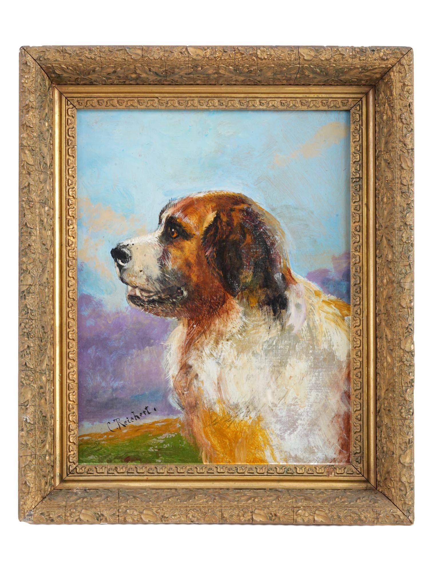 ANTIQUE GERMAN OIL PAINTING OF A DOG BY CARL REICHERT PIC-0