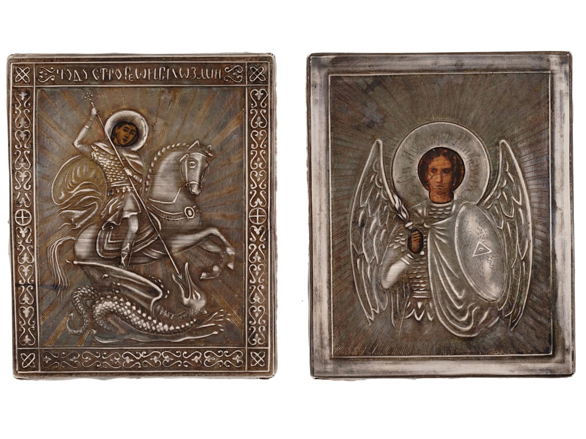 TWO IMPERIAL RUSSIAN TRAVEL ICONS IN SILVER OKLAD PIC-0