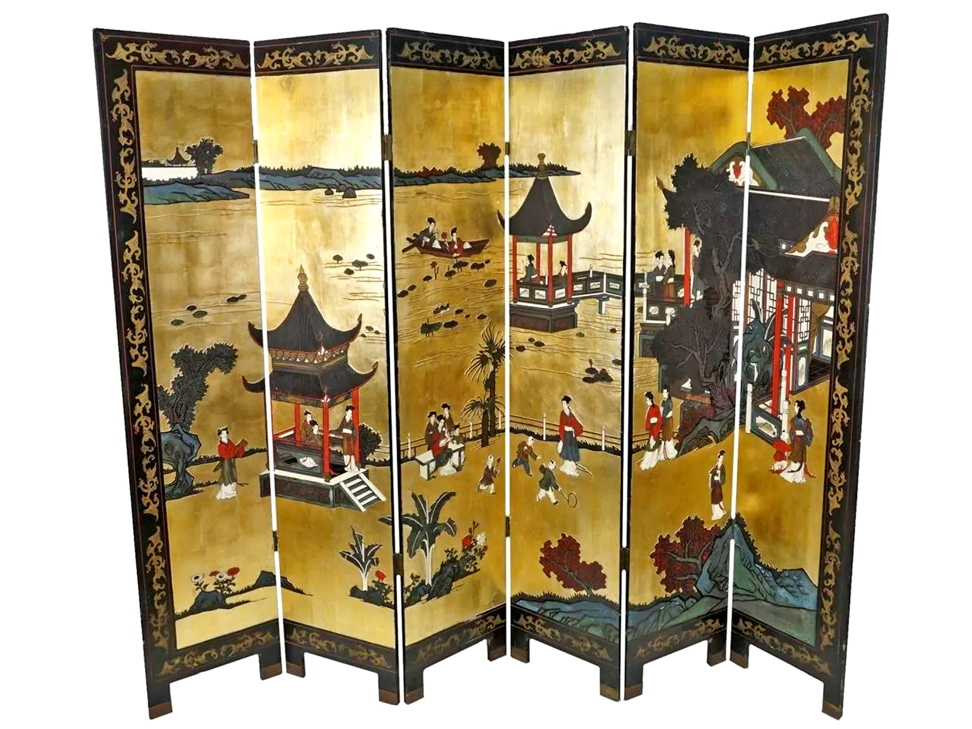 CHINESE EXPORT ROOM DIVIDER LACQUERED HAND PAINTED WOOD PIC-0