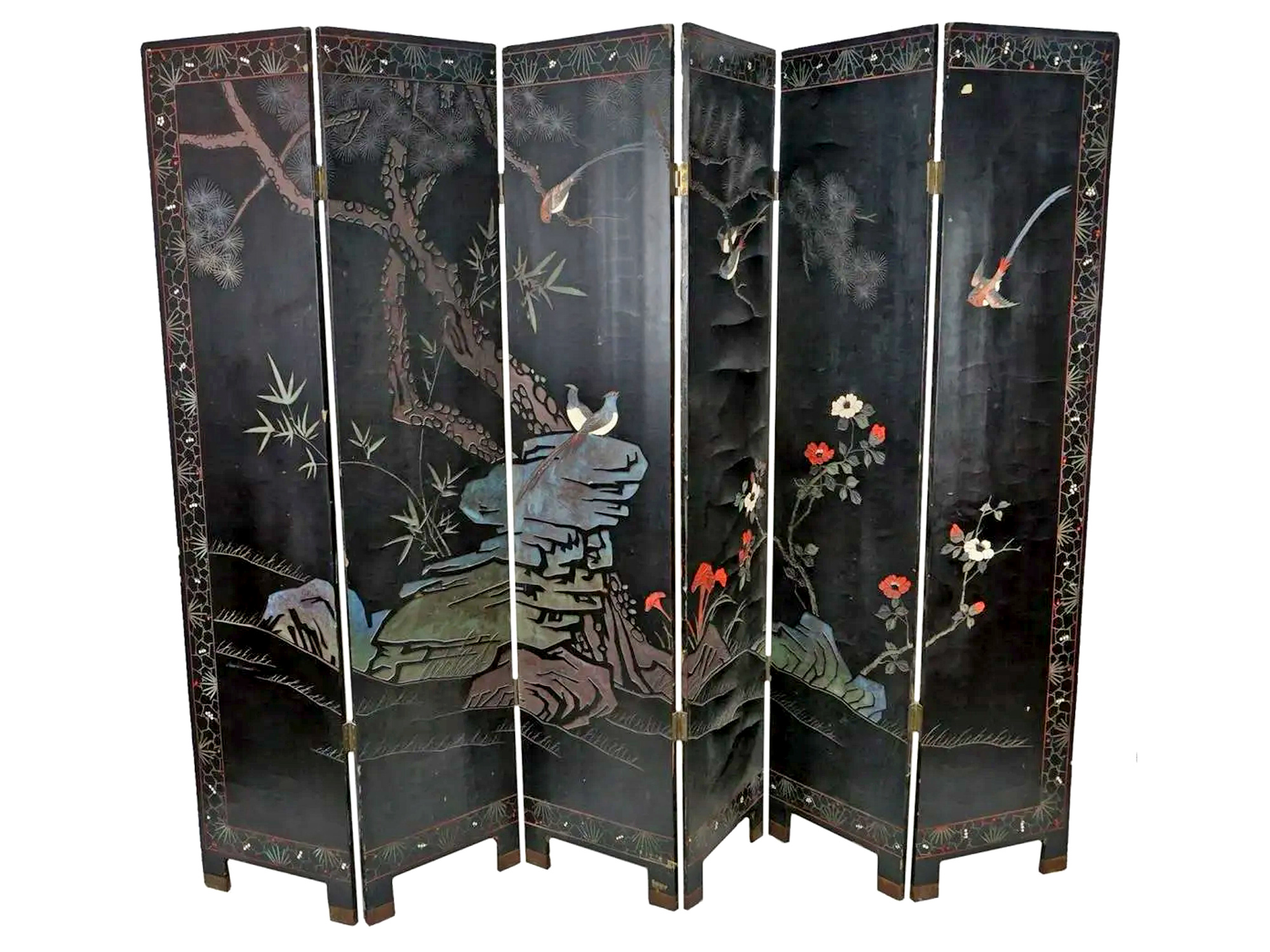 CHINESE EXPORT ROOM DIVIDER LACQUERED HAND PAINTED WOOD PIC-1