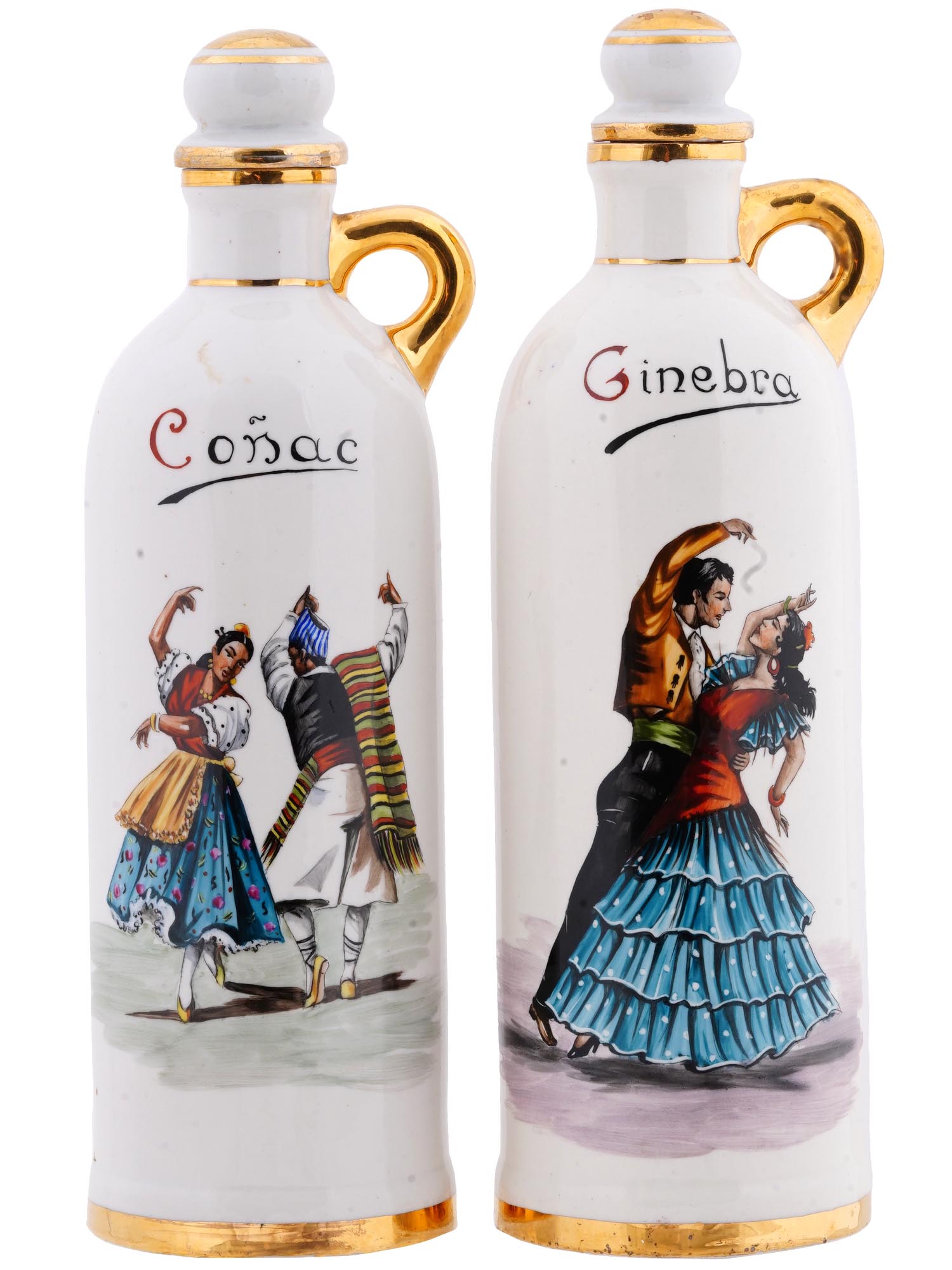 SPANISH HAND PAINTED PORCELAIN ALCOHOL BOTTLES PIC-1