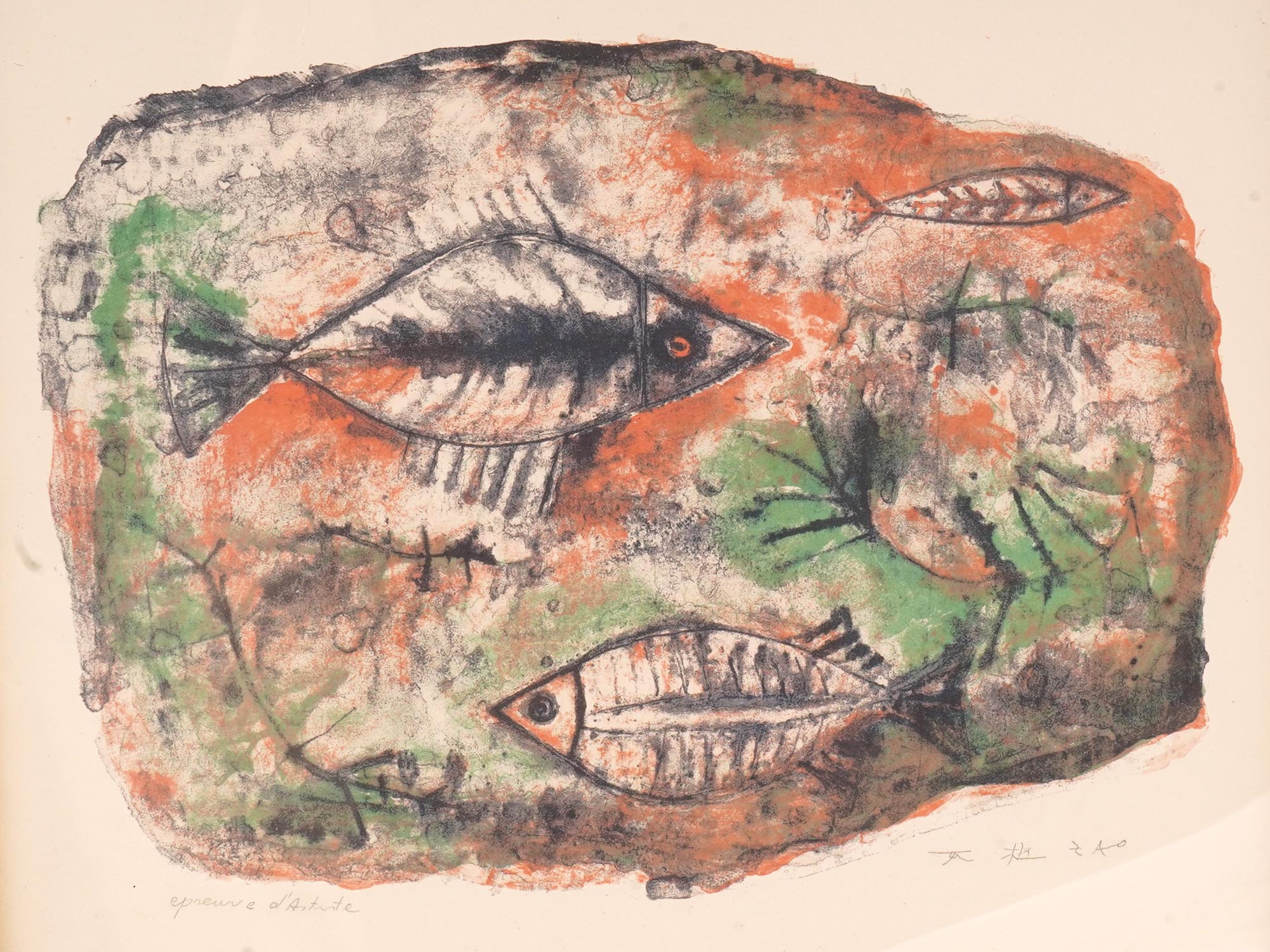 ABSTRACT CHINESE FISH LITHOGRAPH BY WOU KI ZAO PIC-1