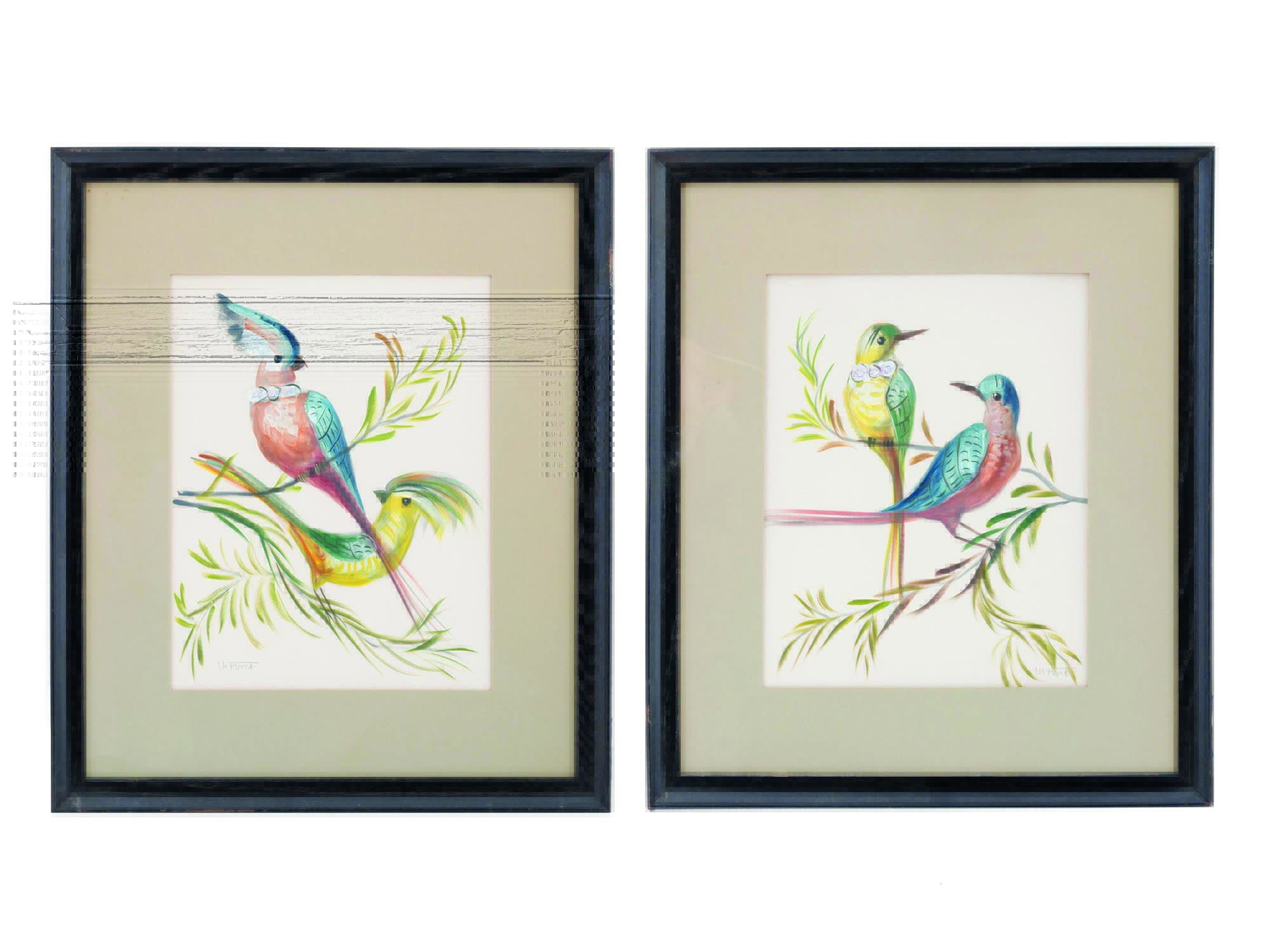 BIRDS OIL PAINTINGS ON SATIN SIGNED BY LA FURET PIC-0