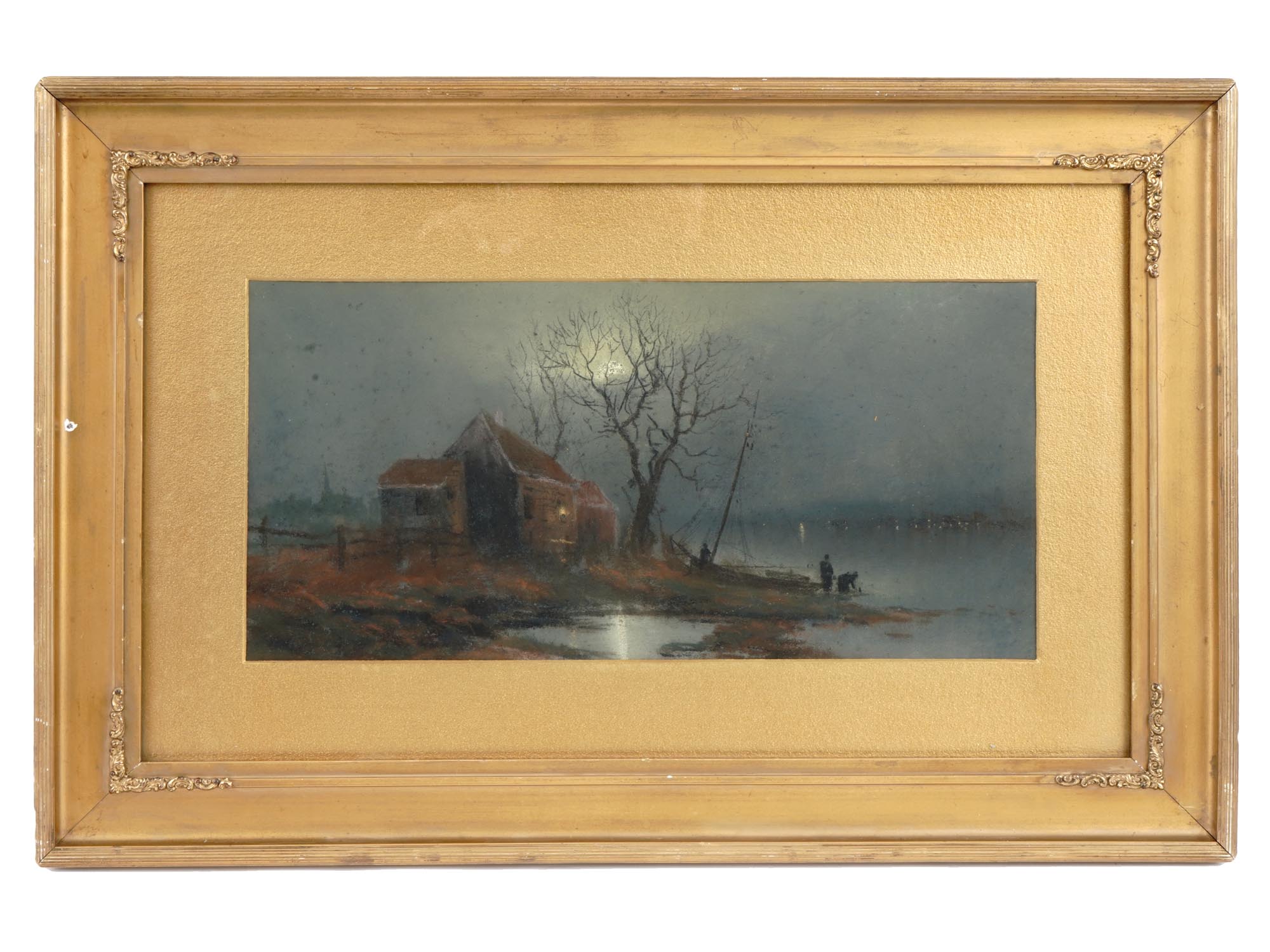 EARLY 20TH C NIGHT RIVER LANDSCAPE PASTEL PAINTING PIC-0