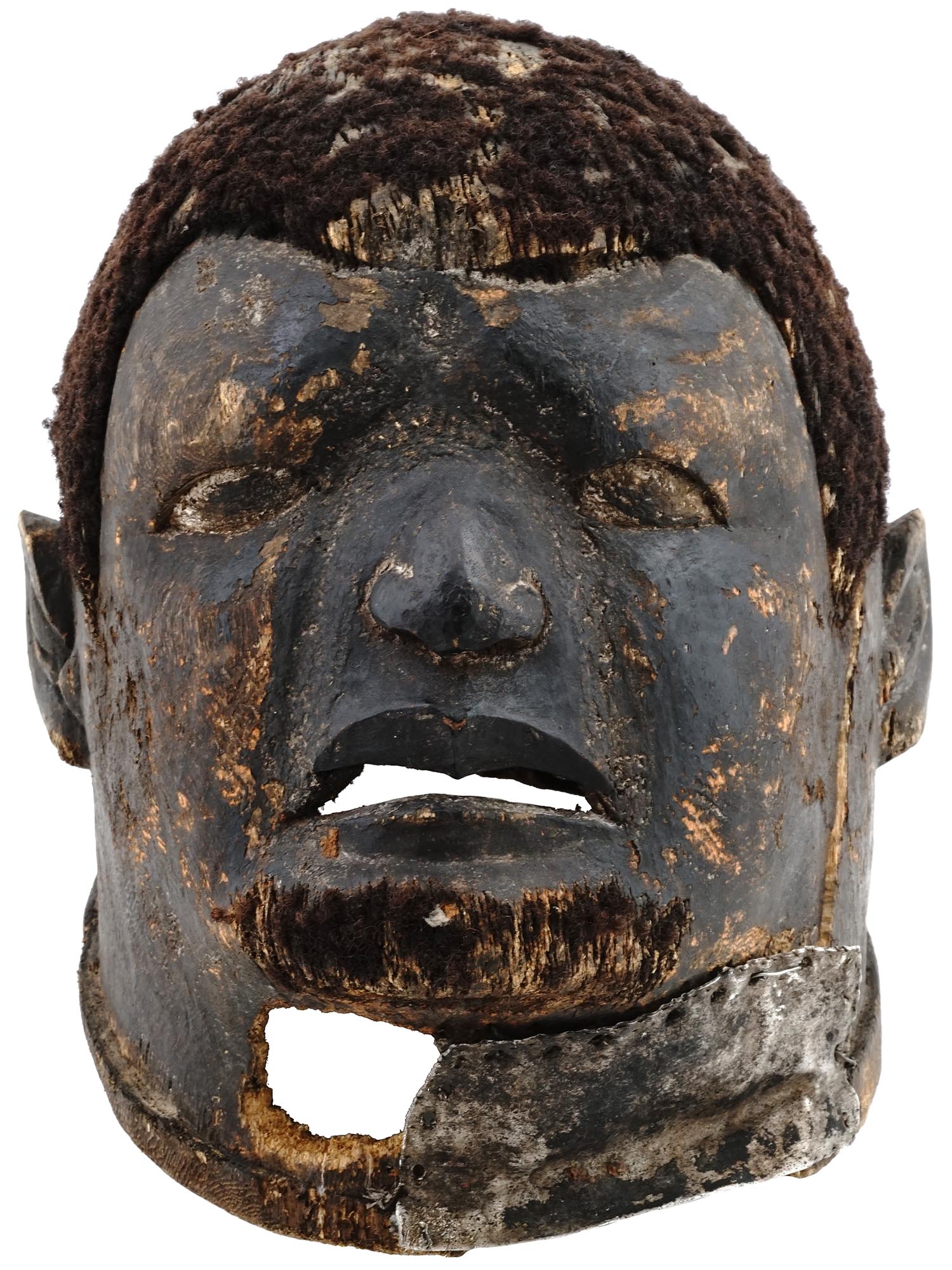 EARLY 20TH C. AFRICAN MAKONDE WOODEN MASK W/ HAIR PIC-0