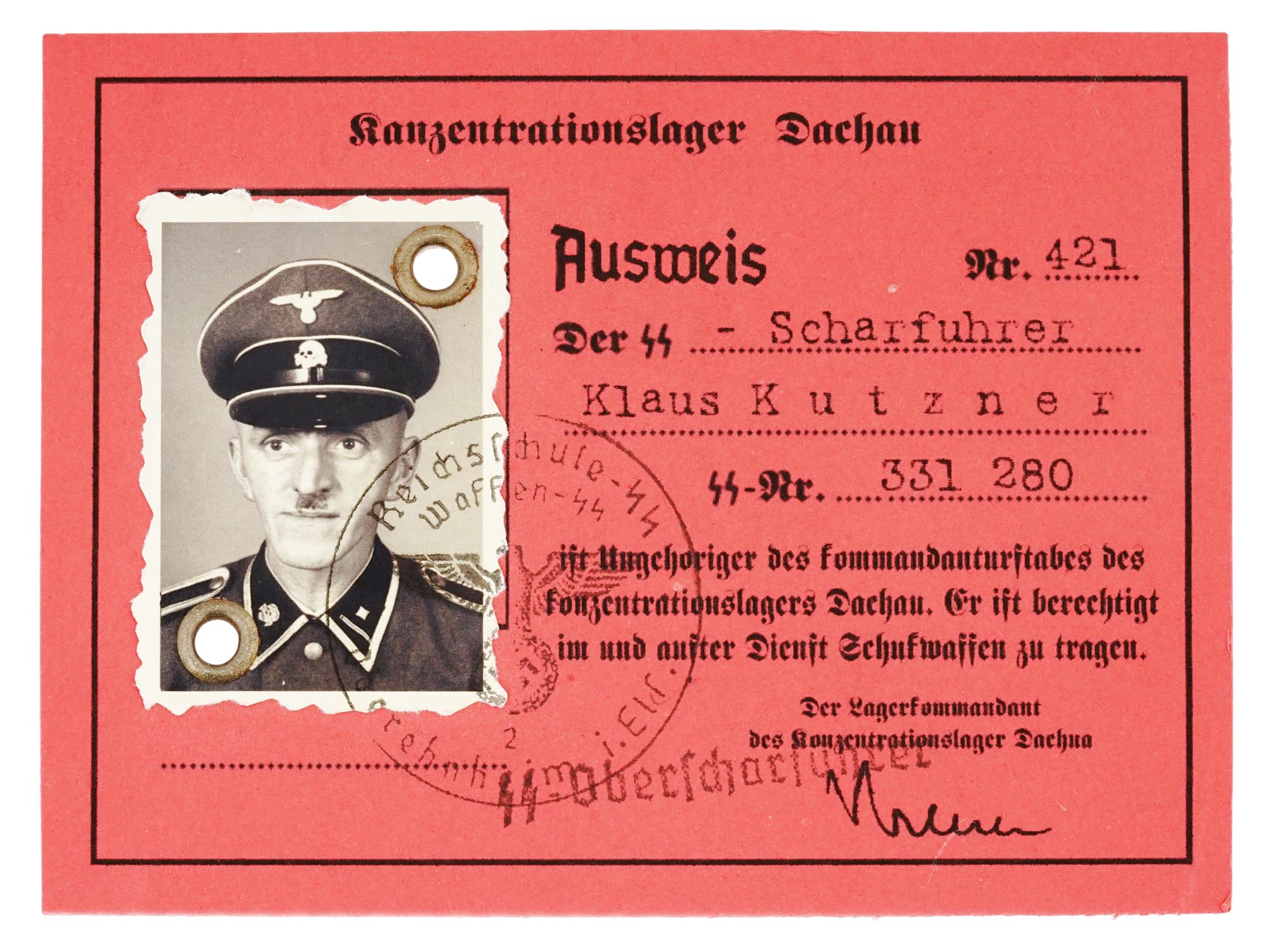 WWII NAZI GERMAN WAFFEN SS DACHAU AUSWEIS ID CARD PIC-0