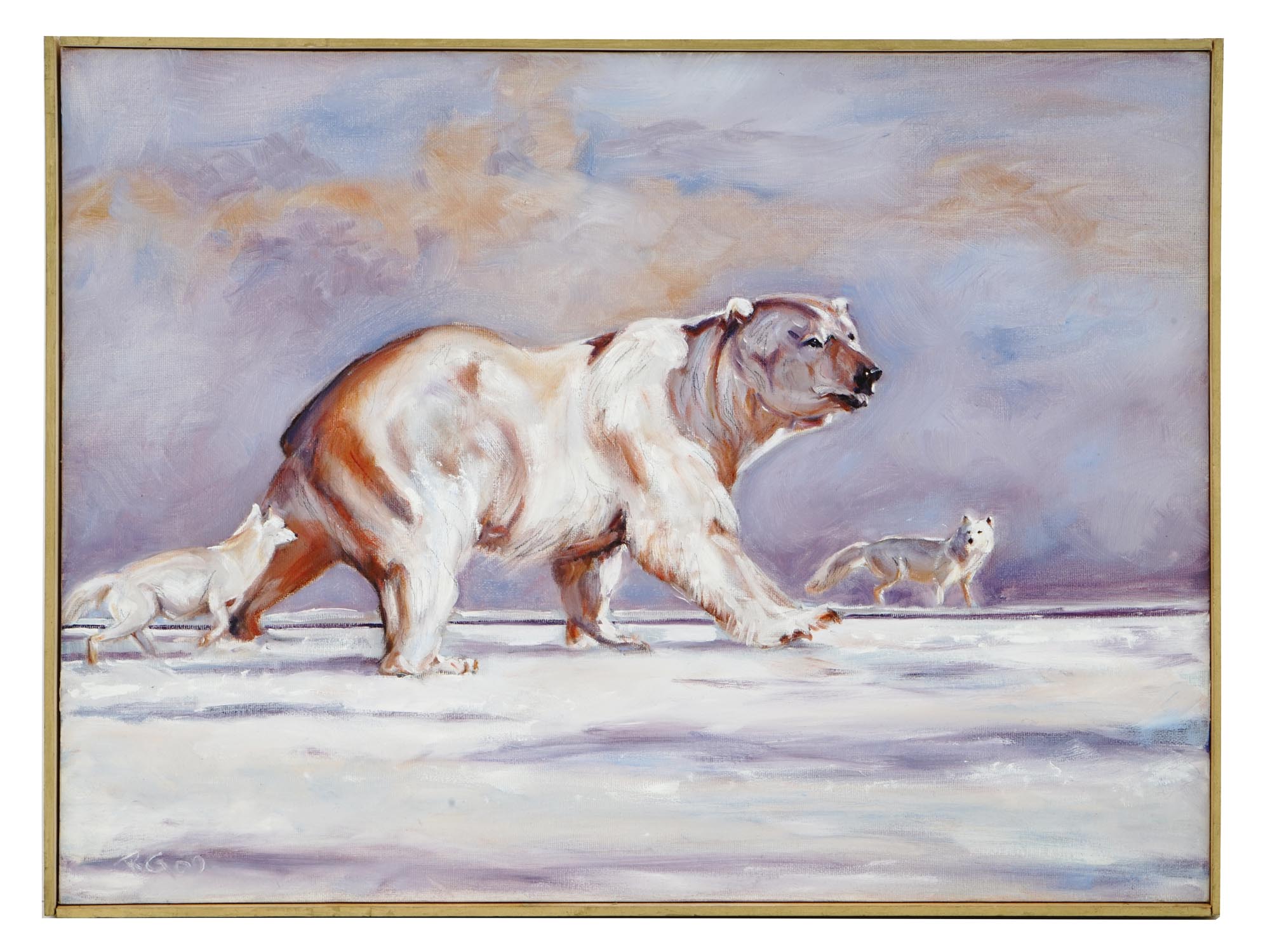 VINTAGE OIL PAINTING OF ARCTIC ANIMALS BY R. GOO PIC-0