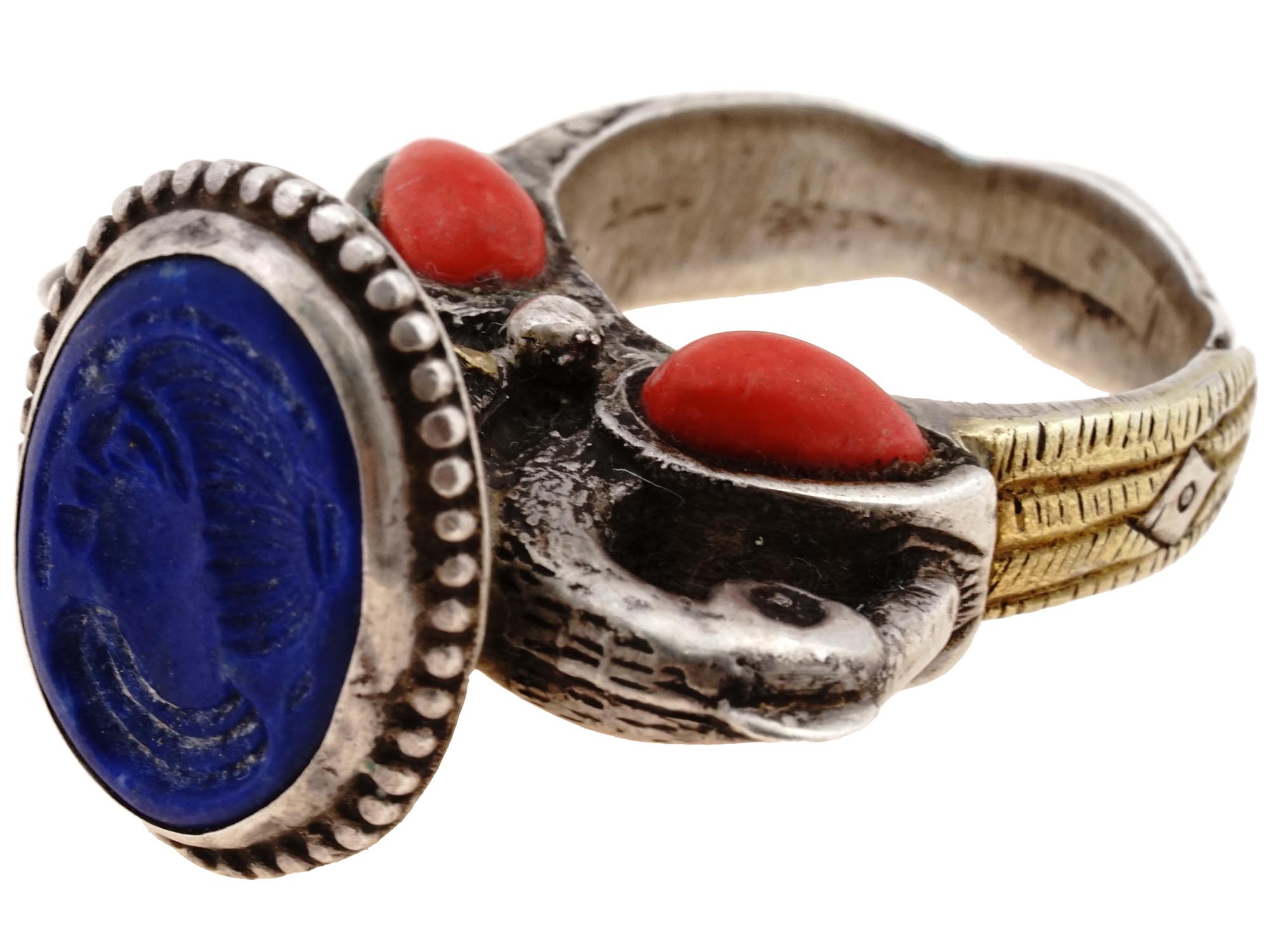 ANTIQUE INDIAN STERLING LAPIS LAZULI CORAL RING PIC-2