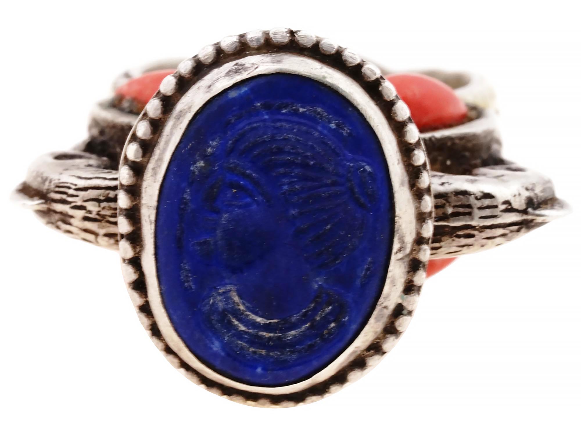 ANTIQUE INDIAN STERLING LAPIS LAZULI CORAL RING PIC-1