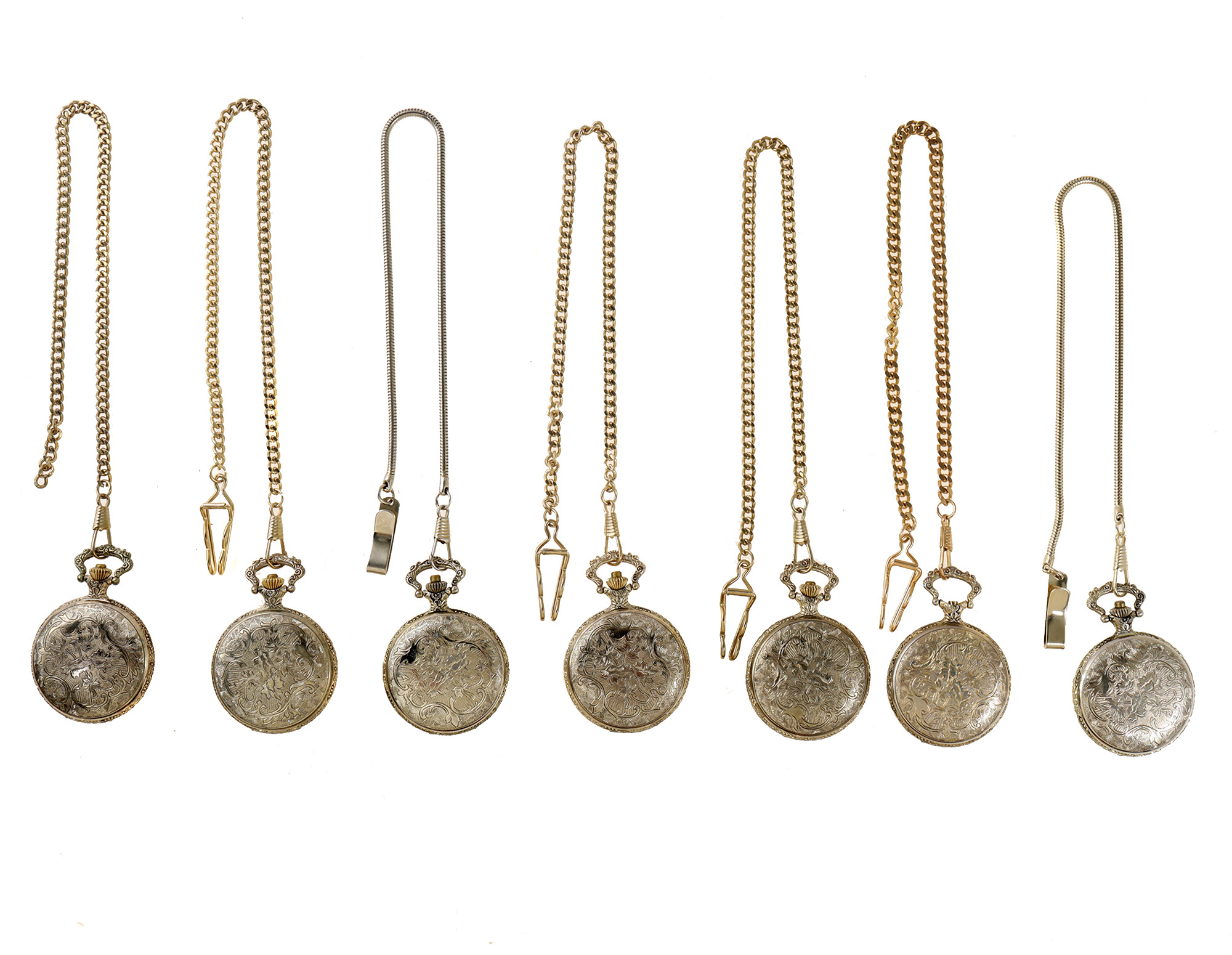 SET OF SEVEN REMINGTON POCKET WATCHES WITH CHAINS PIC-0